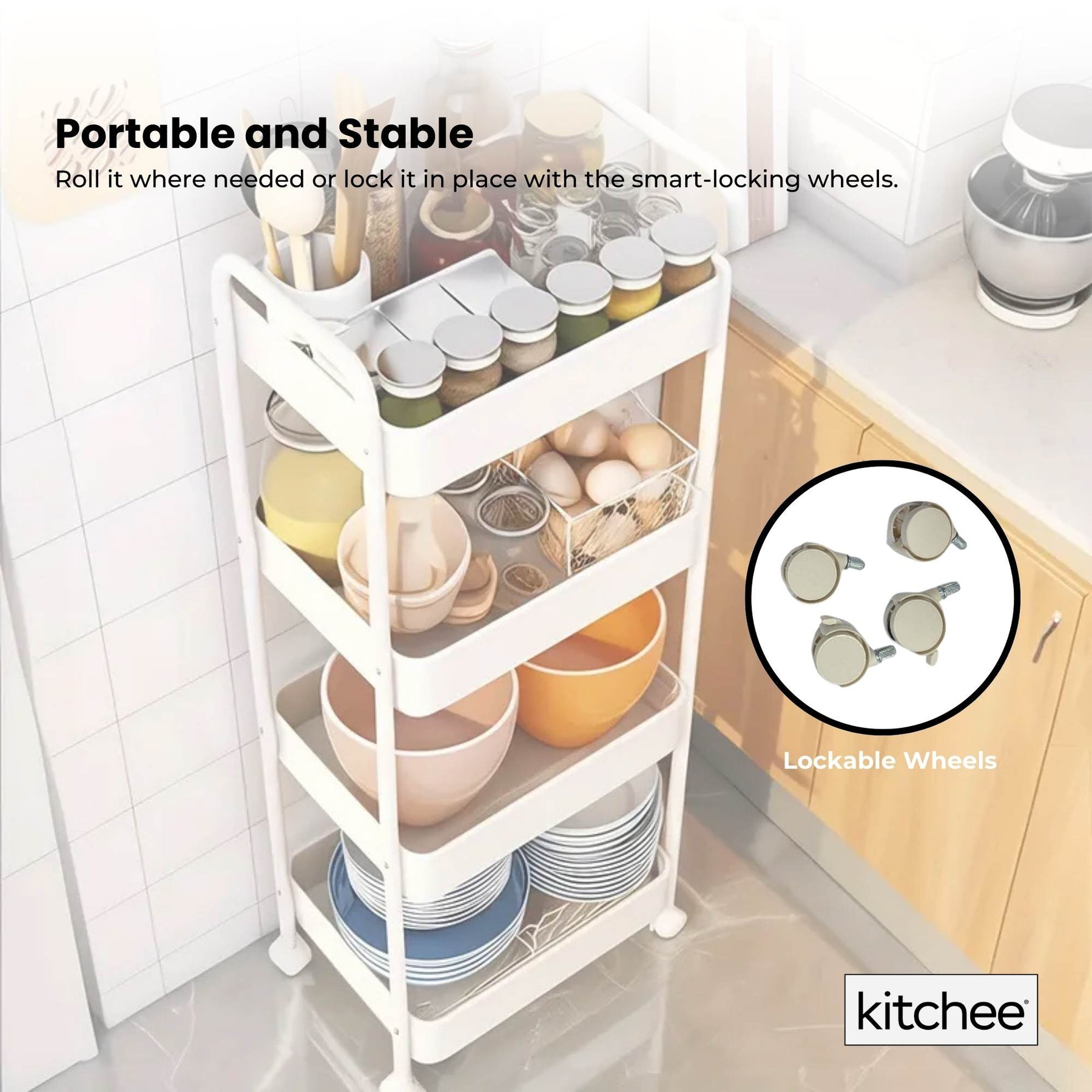 Kitchee 4-Tier Kitchen Storage Cart with Wheels - White Metal Trolley - SuperSaverAU - view 6