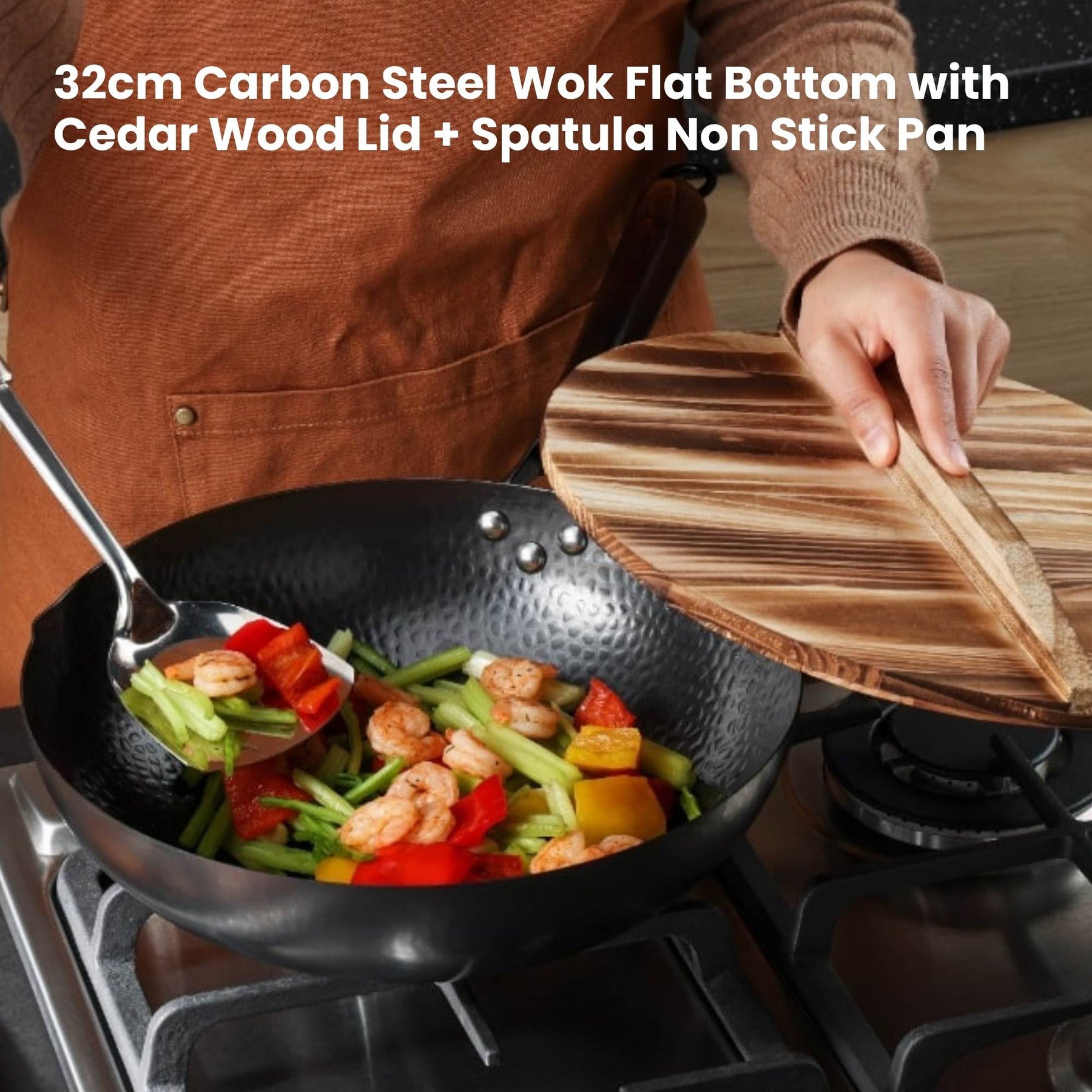 Kitchee Carbon Steel Wok Set – 32cm with Wood Lid & Spatula