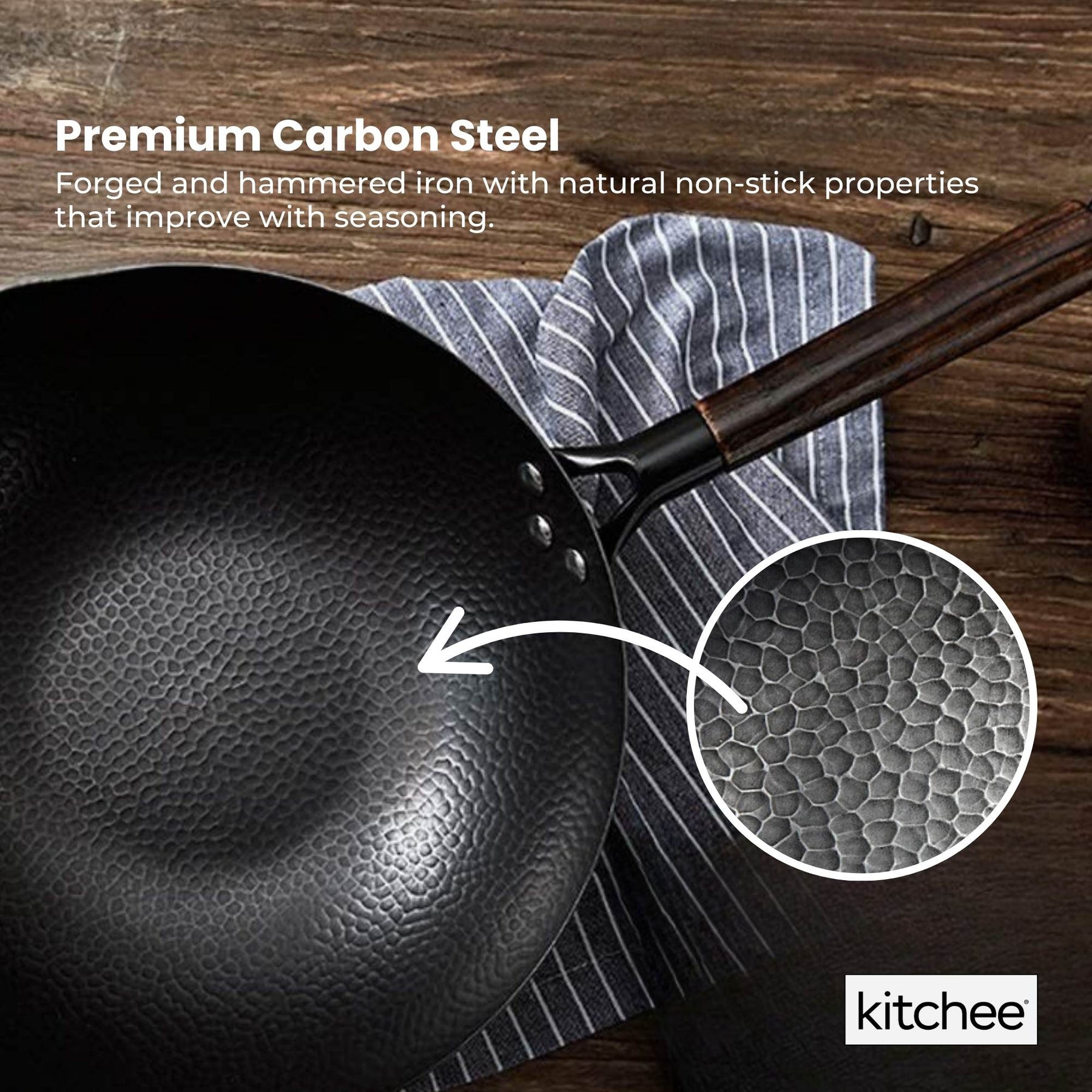 Kitchee Carbon Steel Wok Set – 32cm with Wood Lid & Spatula