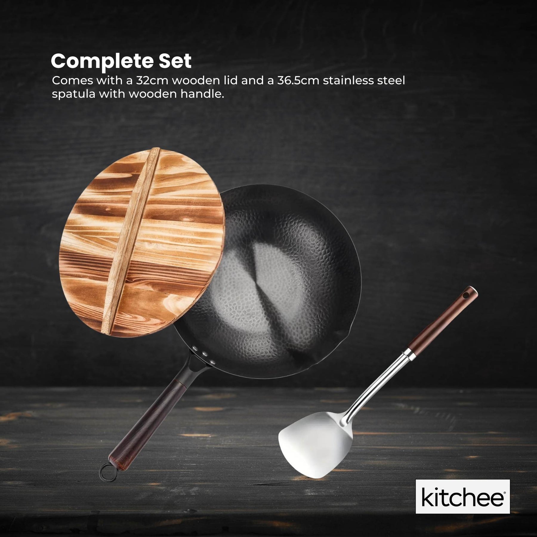 Kitchee Carbon Steel Wok Set – 32cm with Wood Lid & Spatula