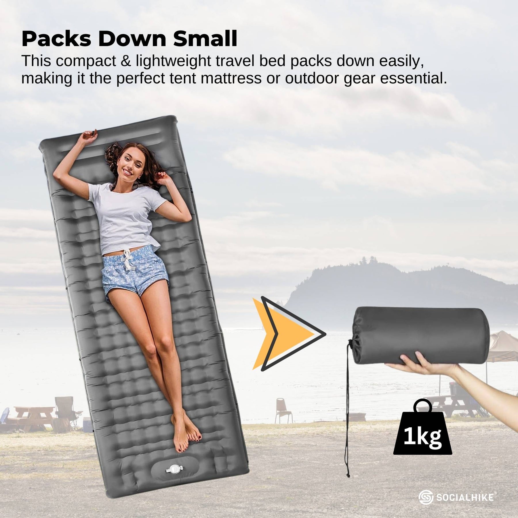 Social Hike Step-Inflating Camping Mattress - Lightweight Waterproof Grey - SuperSaverAU - view 4