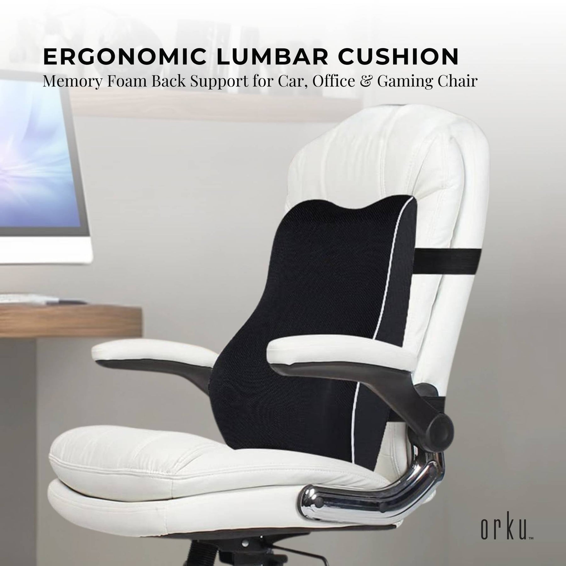 Orku Ergonomic Lumbar Support Cushion - Memory Foam, 43x40x11 cm, Portable, Washable - SuperSaverAU - view 2