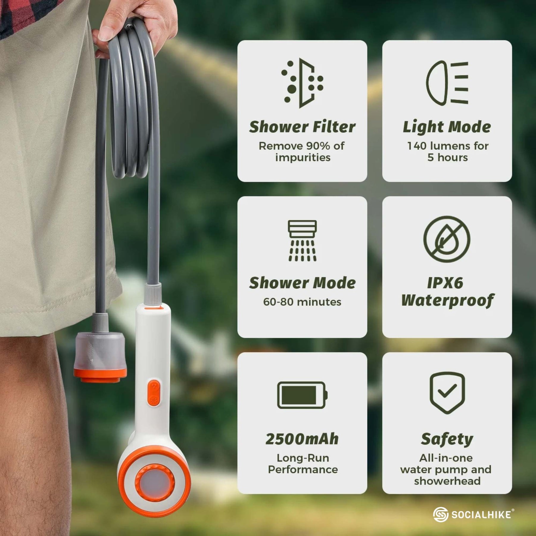 Social Hike Portable Camping Shower - Rechargeable, LED Light, 2m Hose, IPX6 - SuperSaverAU - view 4
