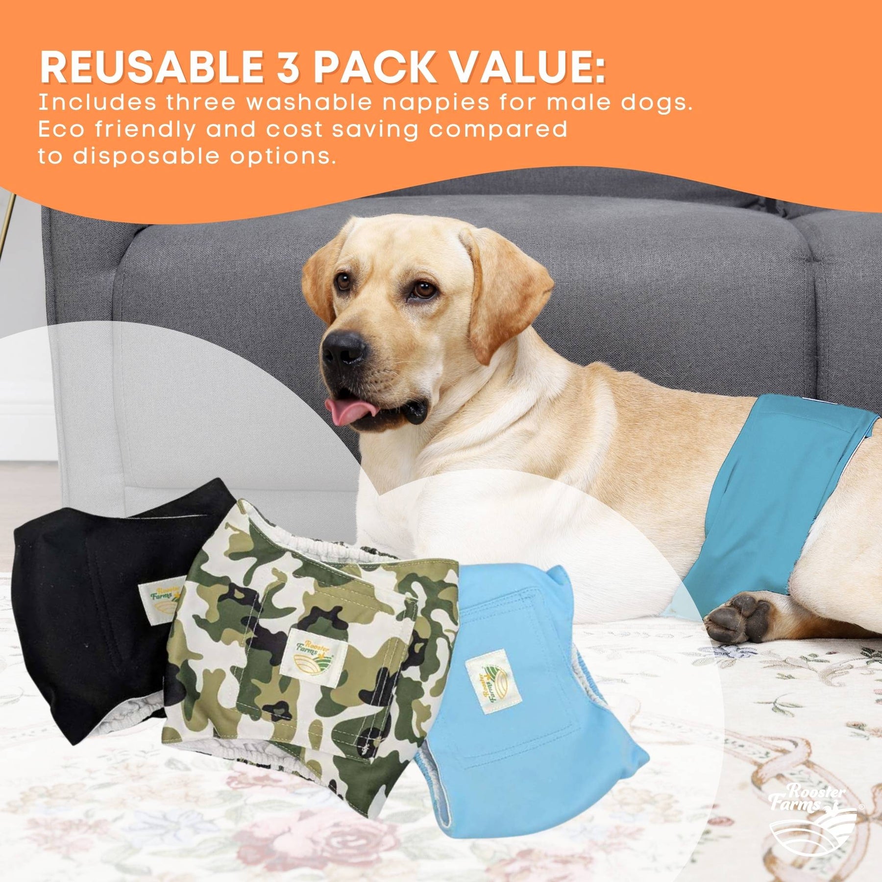 Rooster Farms Male Dog Diapers Small 3-Pk Washable Reusable Nappies - SuperSaverAU - view 5