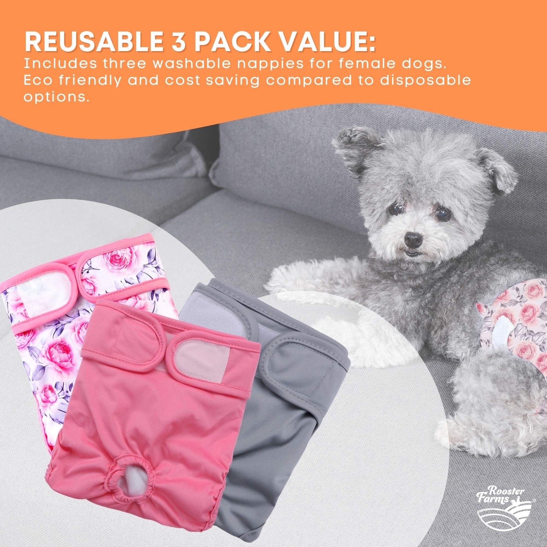 Rooster Farms Female Dog Diapers Small 3Pk Washable Reusable Nappies