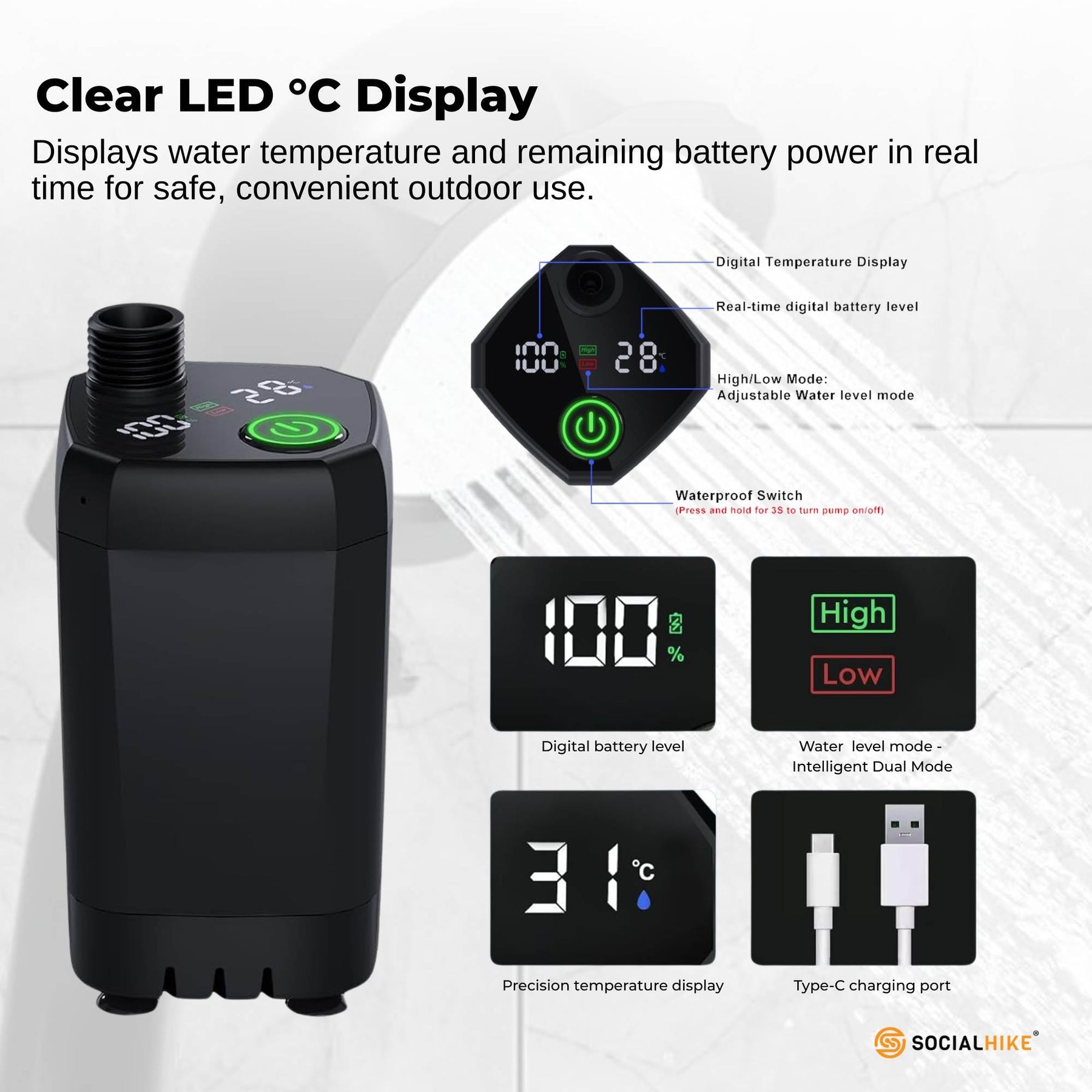 Social Hike Portable Camping Shower Kit - 6000mAh Rechargeable Pump, LED Display - SuperSaverAU - view 3