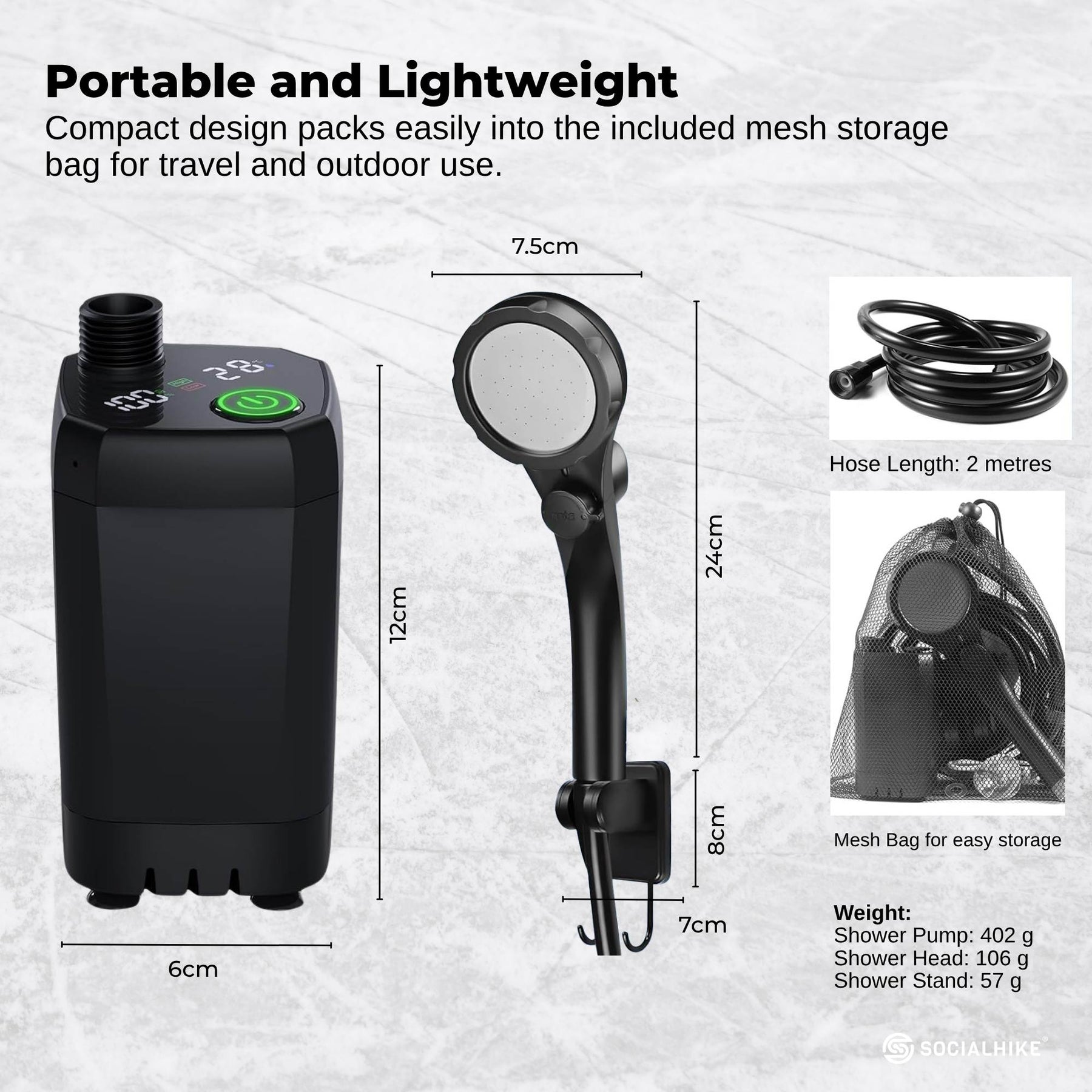 Social Hike Portable Camping Shower Kit - 6000mAh Rechargeable Pump, LED Display - SuperSaverAU - view 8