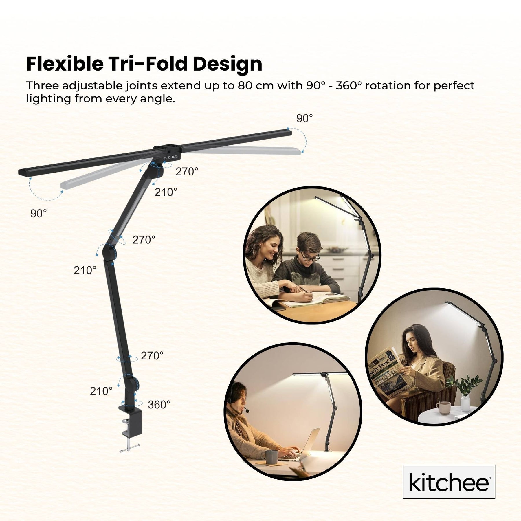 Kitchee Tri-Fold LED Desk Lamp 80cm - Dimmable, Eye-Care, Clamp Mount - SuperSaverAU - view 3
