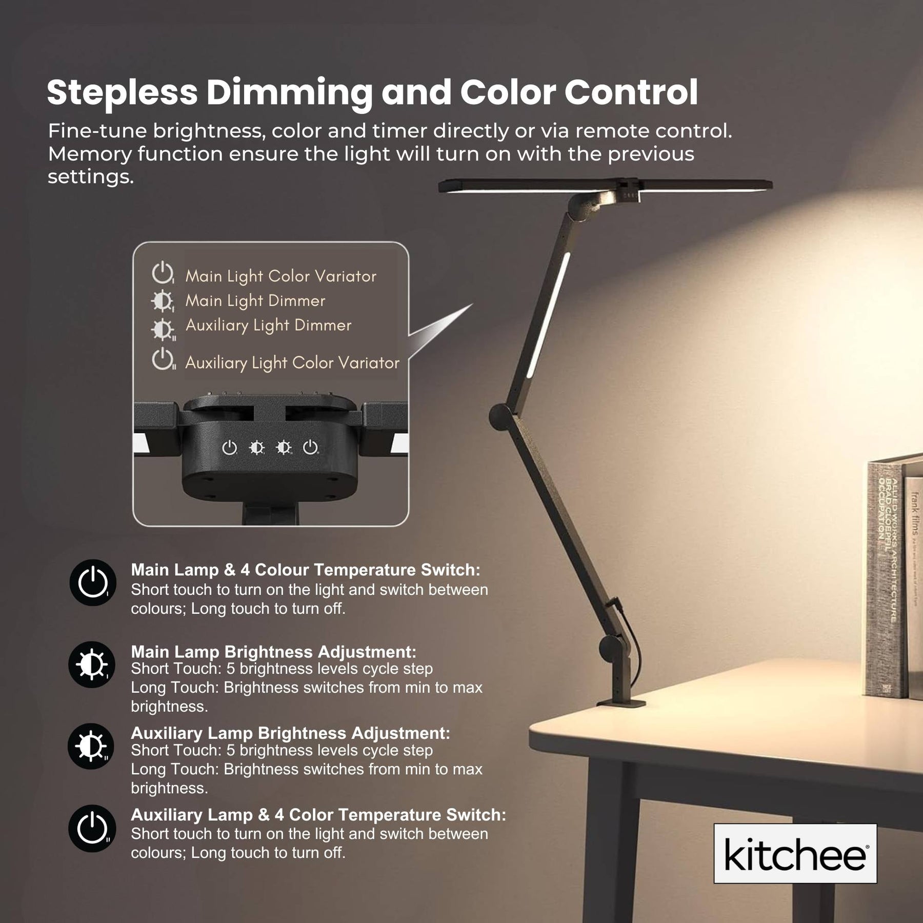 Kitchee Tri-Fold LED Desk Lamp 80cm - Dimmable, Eye-Care, Clamp Mount - SuperSaverAU - view 8