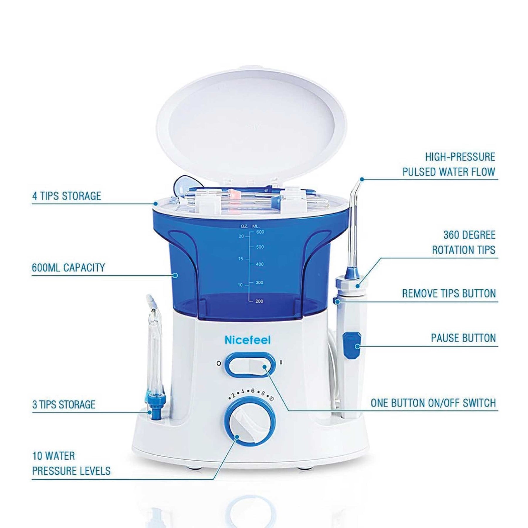 600ml Electric Dental Water Flosser Teeth Irrigator 10 Pressure Settings 7 Tips - SuperSaverAU - view 10