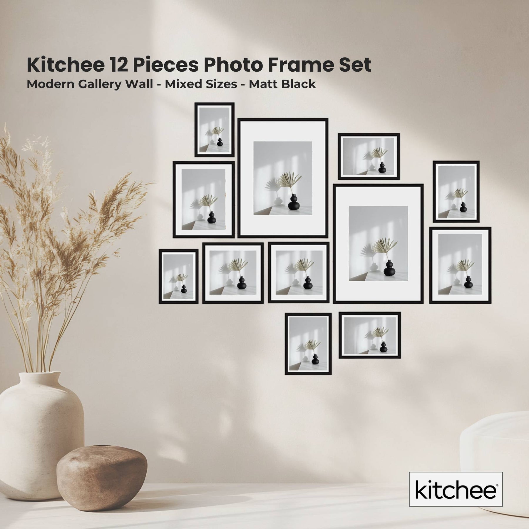 Kitchee Photo Frame Set – Matt Black Mixed Sizes, 12 Piece