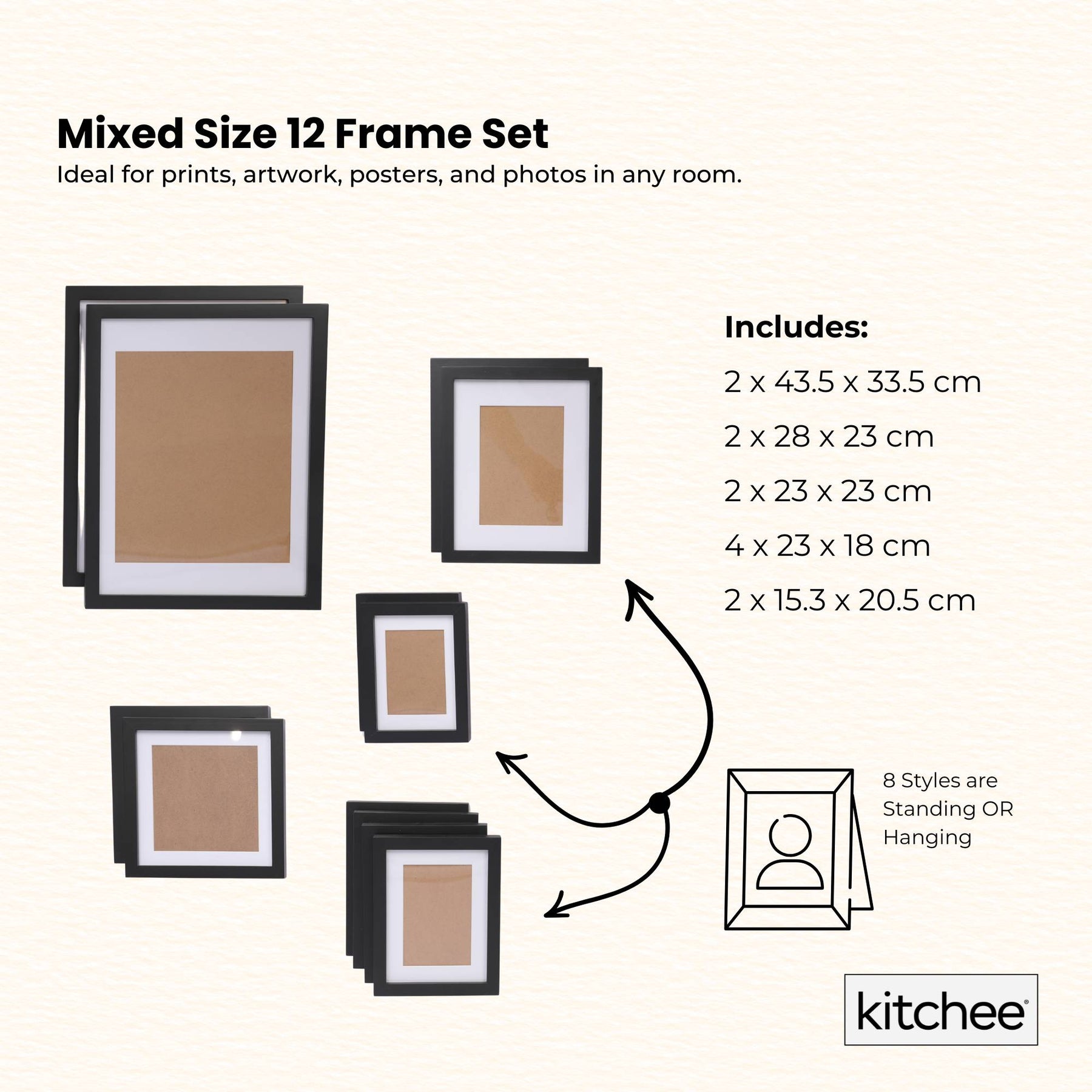 Kitchee Photo Frame Set – Matt Black Mixed Sizes, 12 Piece