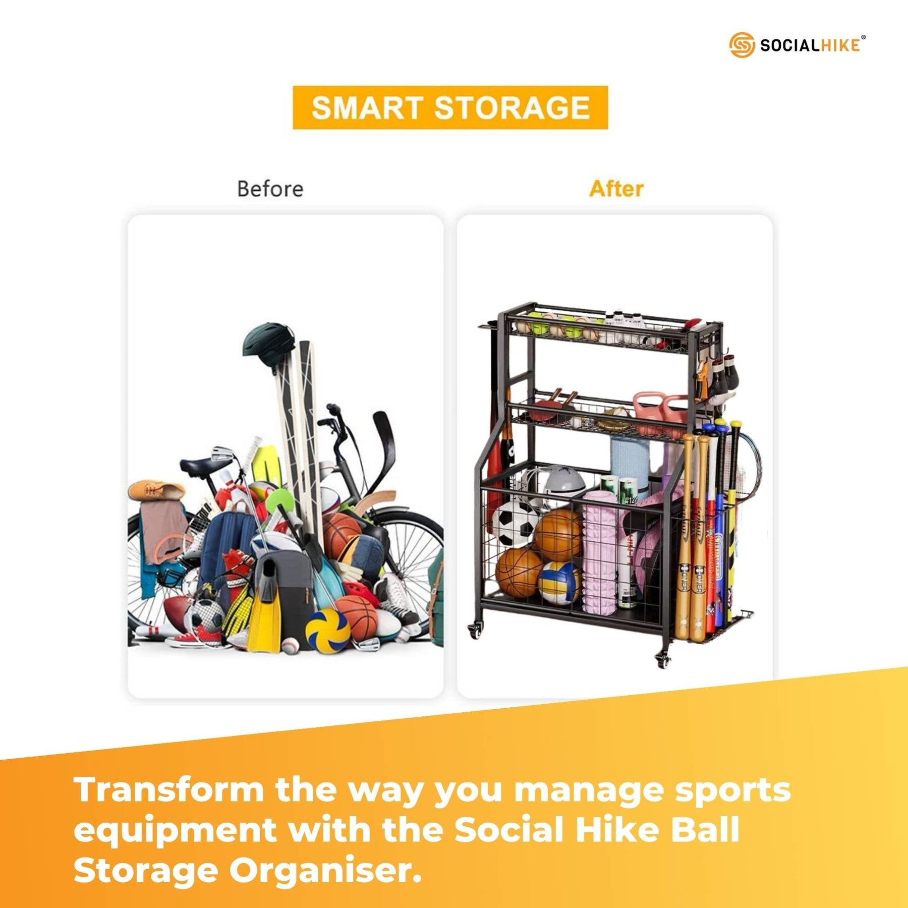 Social Hike Sports Equipment Storage Organiser Trolley with Wheels - Black