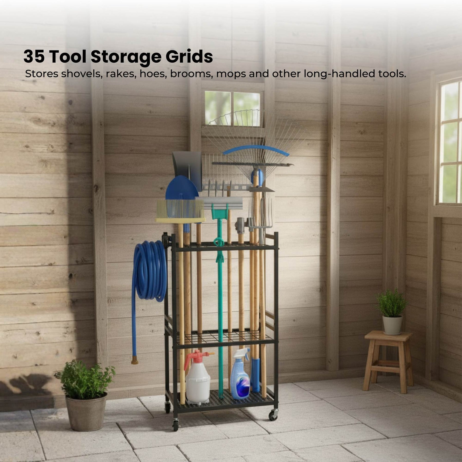 Tooleroo Rolling Garden Tool Organiser Rack with 35 Storage Grids - Black