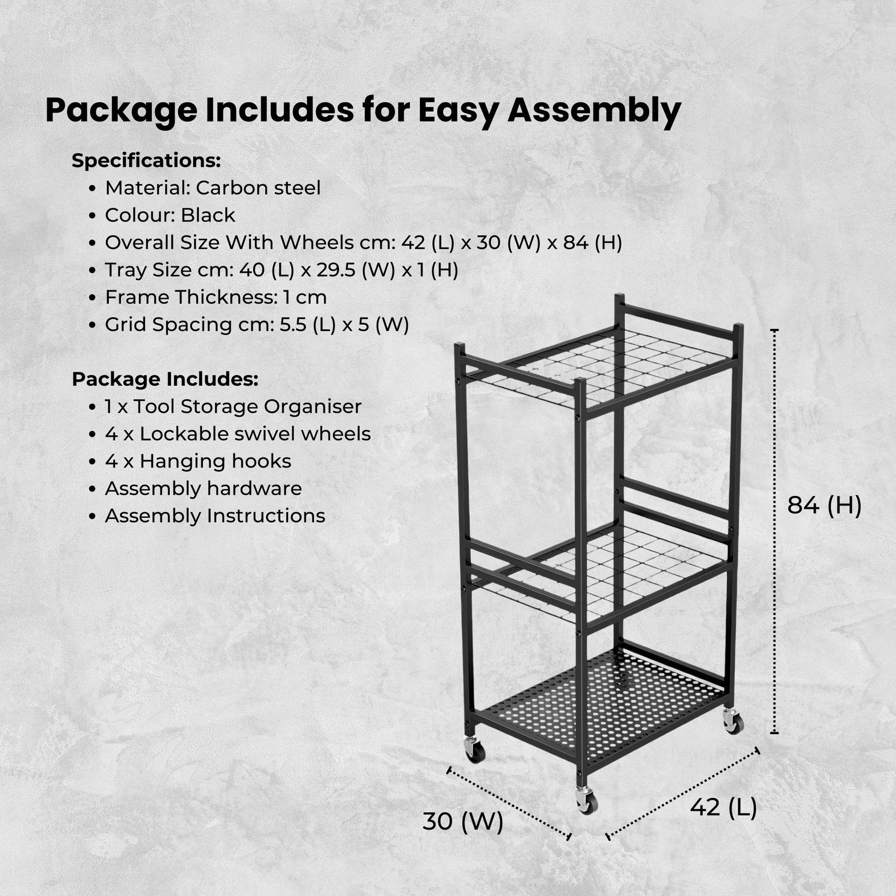 Tooleroo Rolling Garden Tool Organiser Rack with 35 Storage Grids - Black