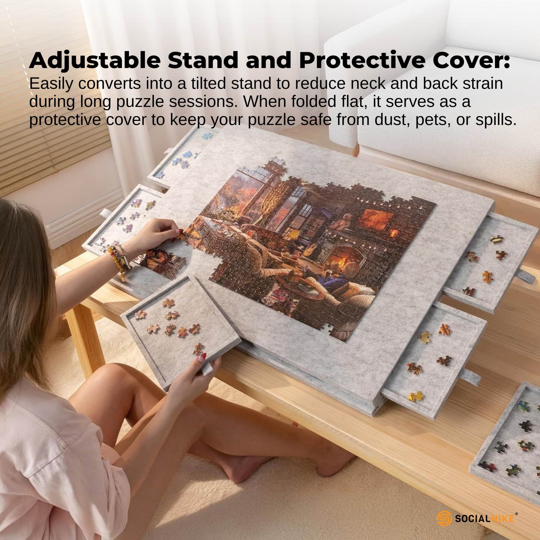 Social Hike 1000 Piece Felt Tilting Puzzle Board Silver with Cover and 6 Drawers
