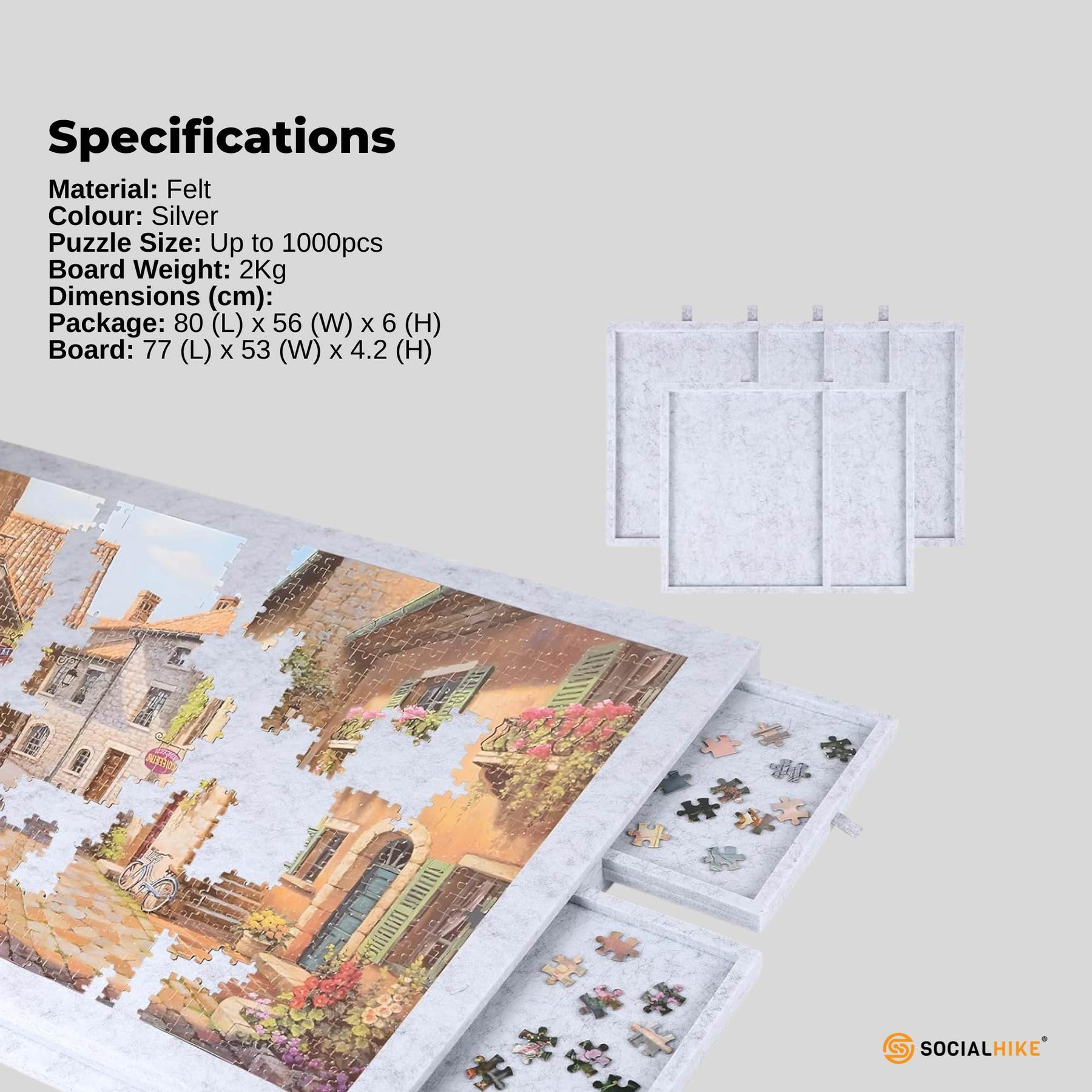 Social Hike 1000 Piece Felt Tilting Puzzle Board Silver with Cover and 6 Drawers
