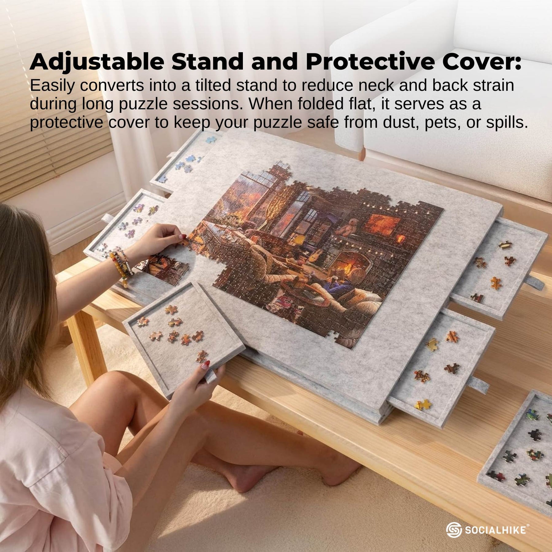 Social Hike 1500 Piece Felt Tilting Puzzle Board Silver with Cover and 6 Drawers
