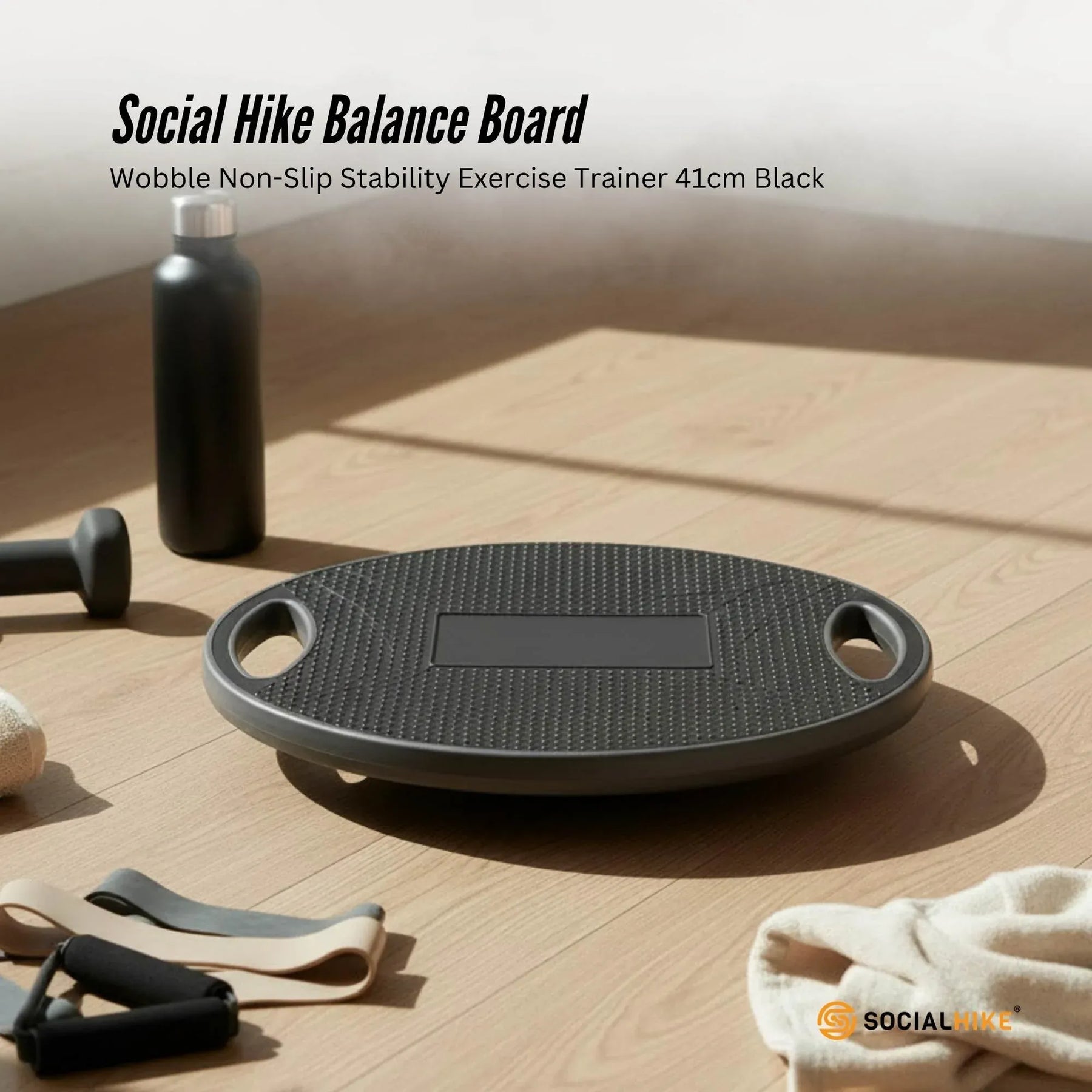 Social Hike Balance Board Wobble Non-Slip Round Exercise Trainer 41cm Black - SuperSaverAU - view 2