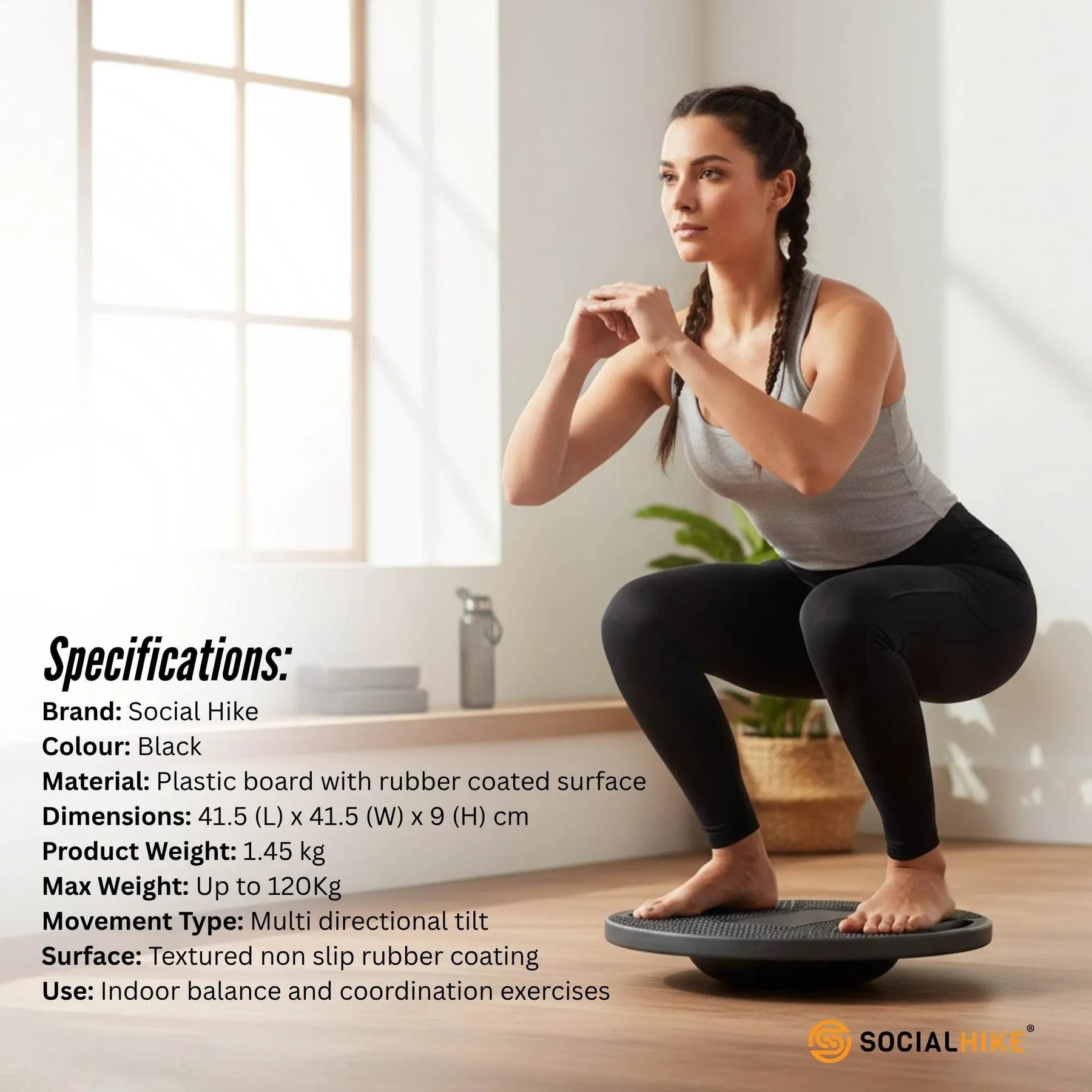 Social Hike Balance Board Wobble Non-Slip Round Exercise Trainer 41cm Black - SuperSaverAU - view 7