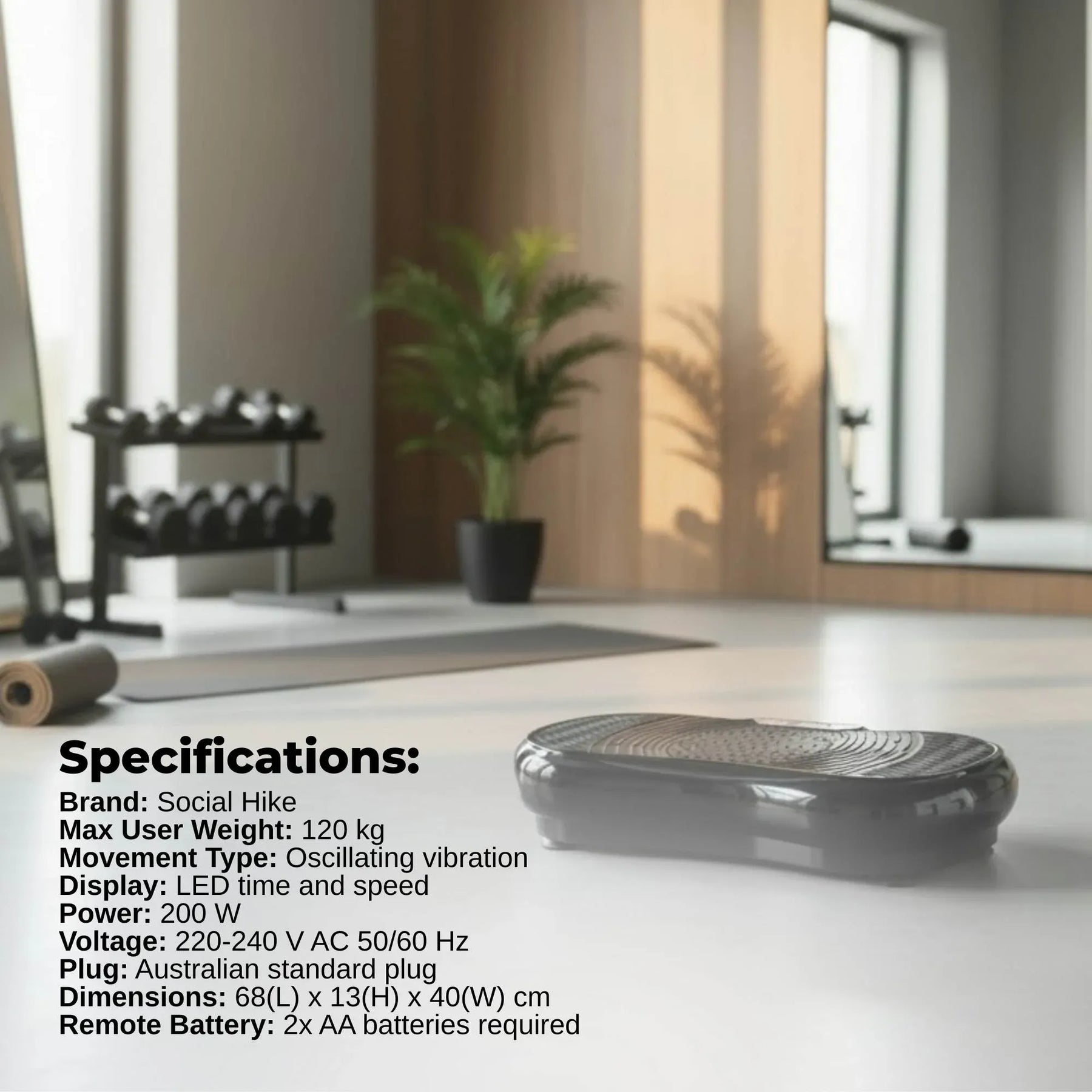 Social Hike Vibration Plate Machine with Remote & Resistance Bands - Black, 68cm