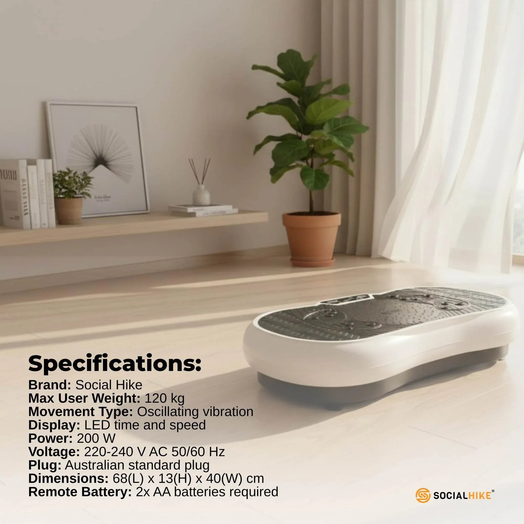 Social Hike Vibration Plate Machine with Remote & Resistance Bands - White, 68cm