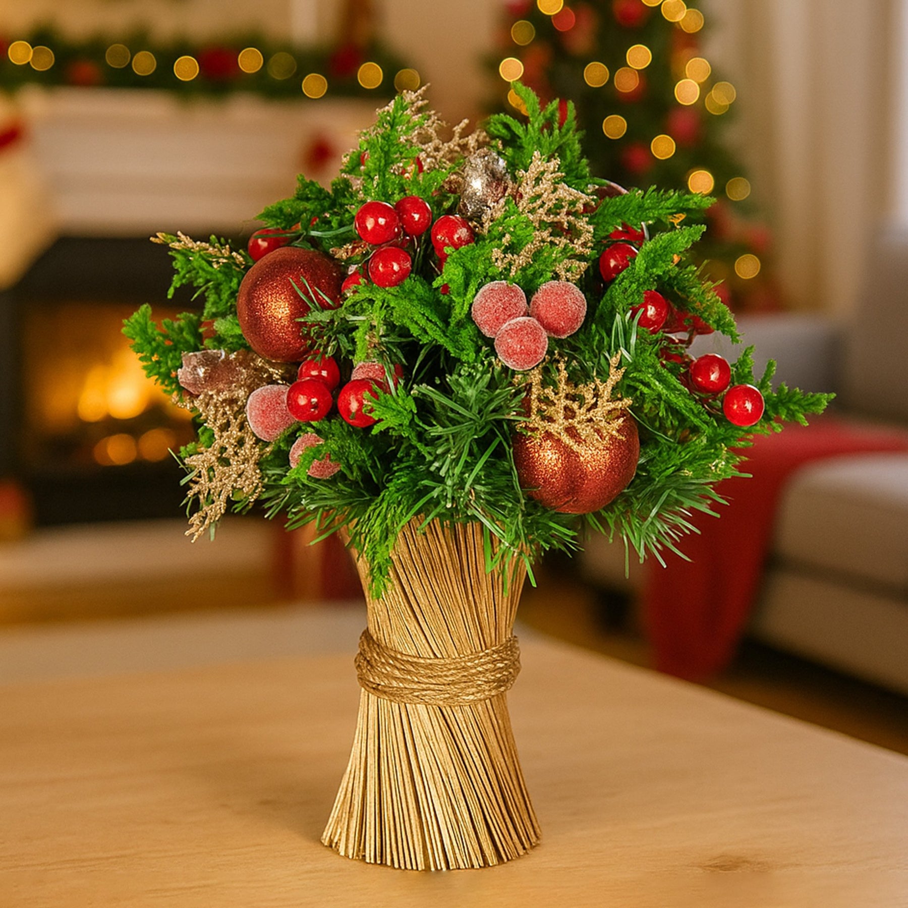 Christabelle 33cm Christmas Bouquet Pre-Decorated Holiday Floral Arrangement with Berries, Baubles & Pine Cones Festive Tabletop Centrepiece Decoration - SuperSaverAU - view 4