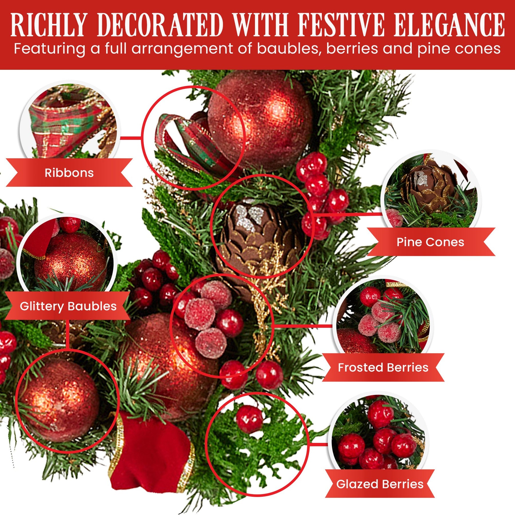 Christabelle 1.85m Christmas Garland with Red Berries Pine Cones Baubles Bows Tree Decoration Ornament - SuperSaverAU - view 4