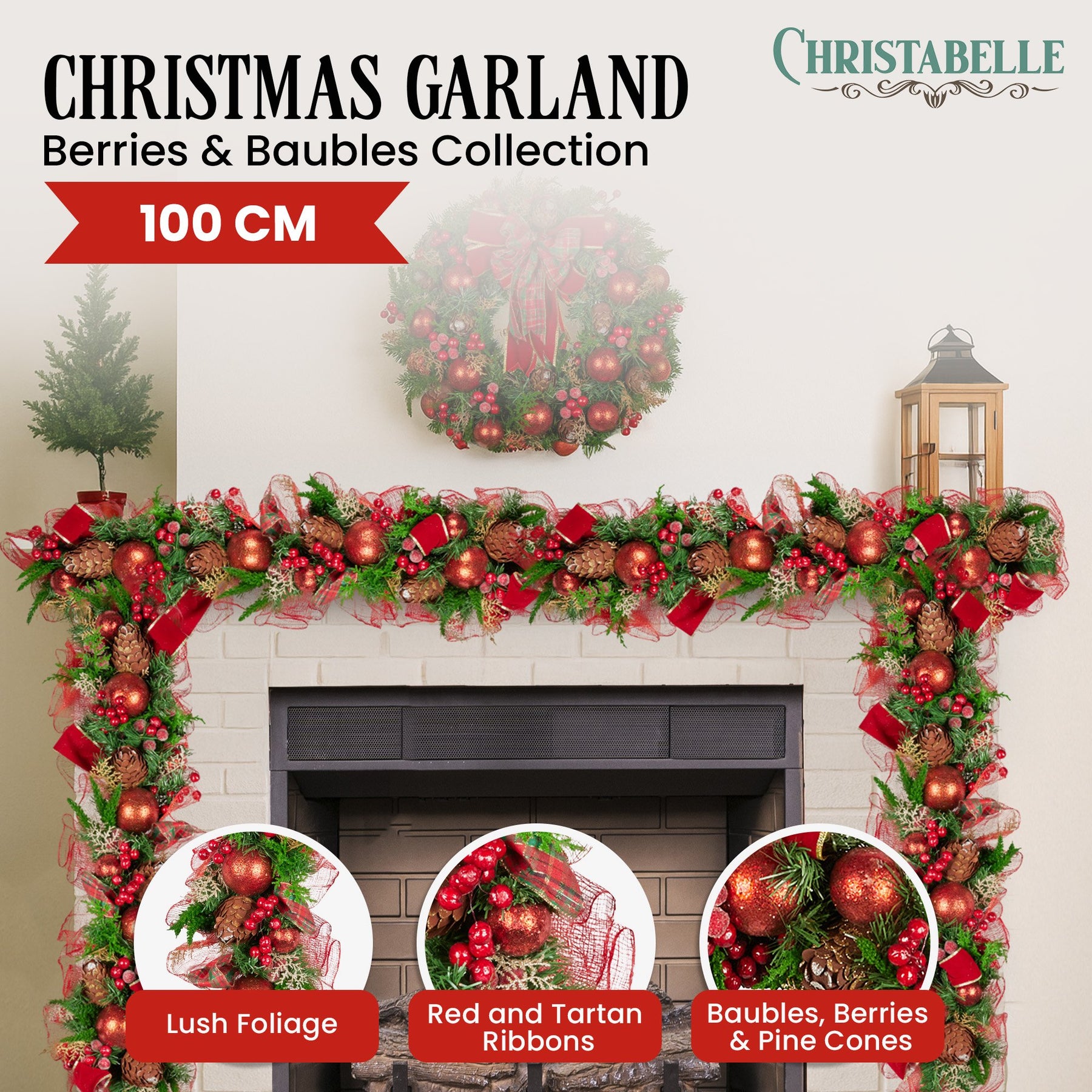 Christabelle 1m Christmas Garland with Red Berries & Pine Cones Baubles Berries Tree Decoration Ornament Red Green - SuperSaverAU - view 1
