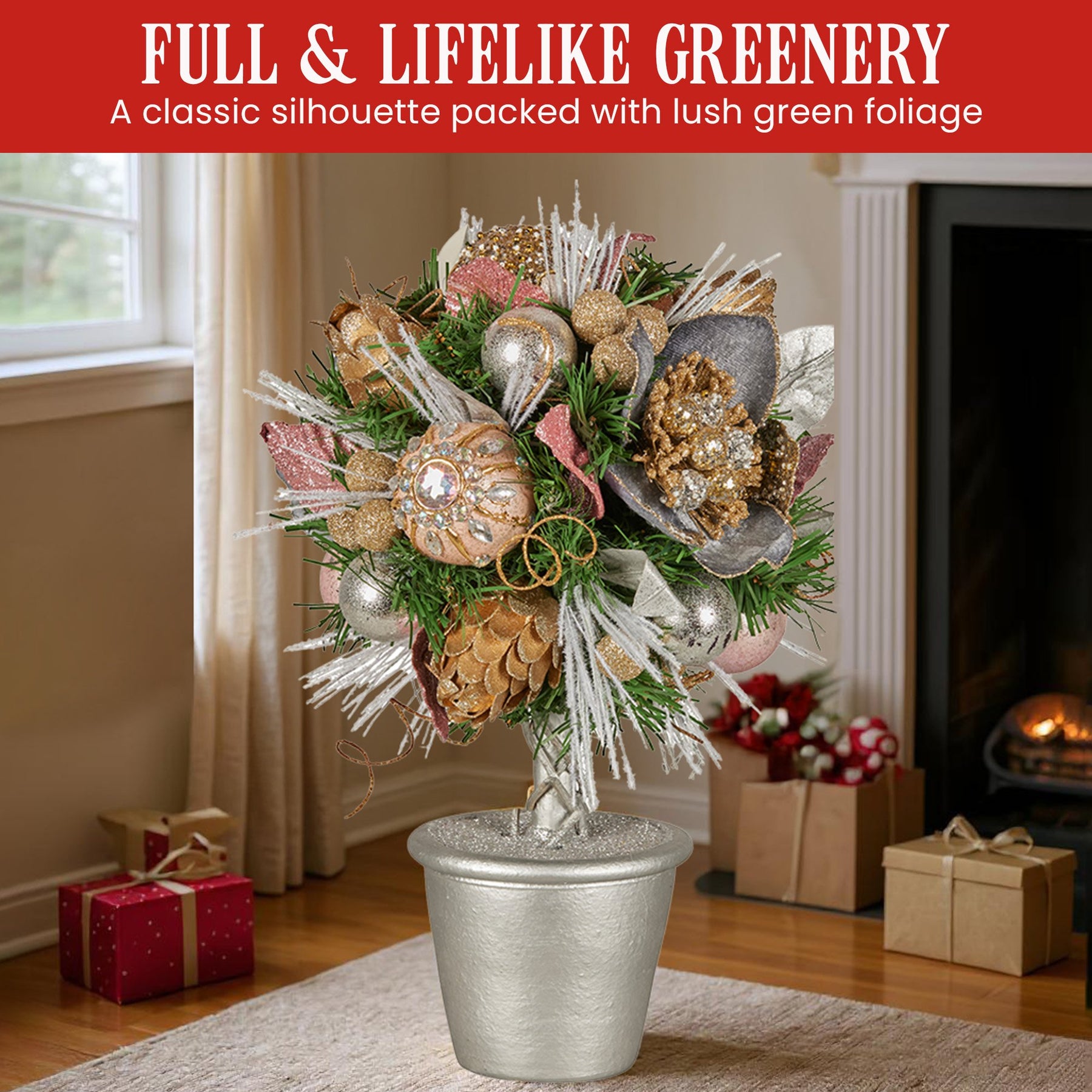 Christabelle 36cm Christmas Tabletop Topiary Tree Jewelled Baubles, Berries, Flowers and Pine Cones Festive Decoration - SuperSaverAU - view 3