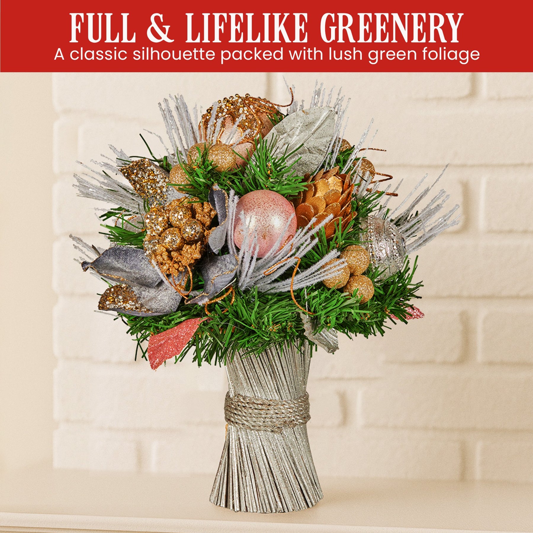 Christabelle 33cm Christmas Bouquet Pre Decorated Holiday Floral Arrangement w/Jewelled Baubles, Berries, Flowers & Pine - SuperSaverAU - view 1
