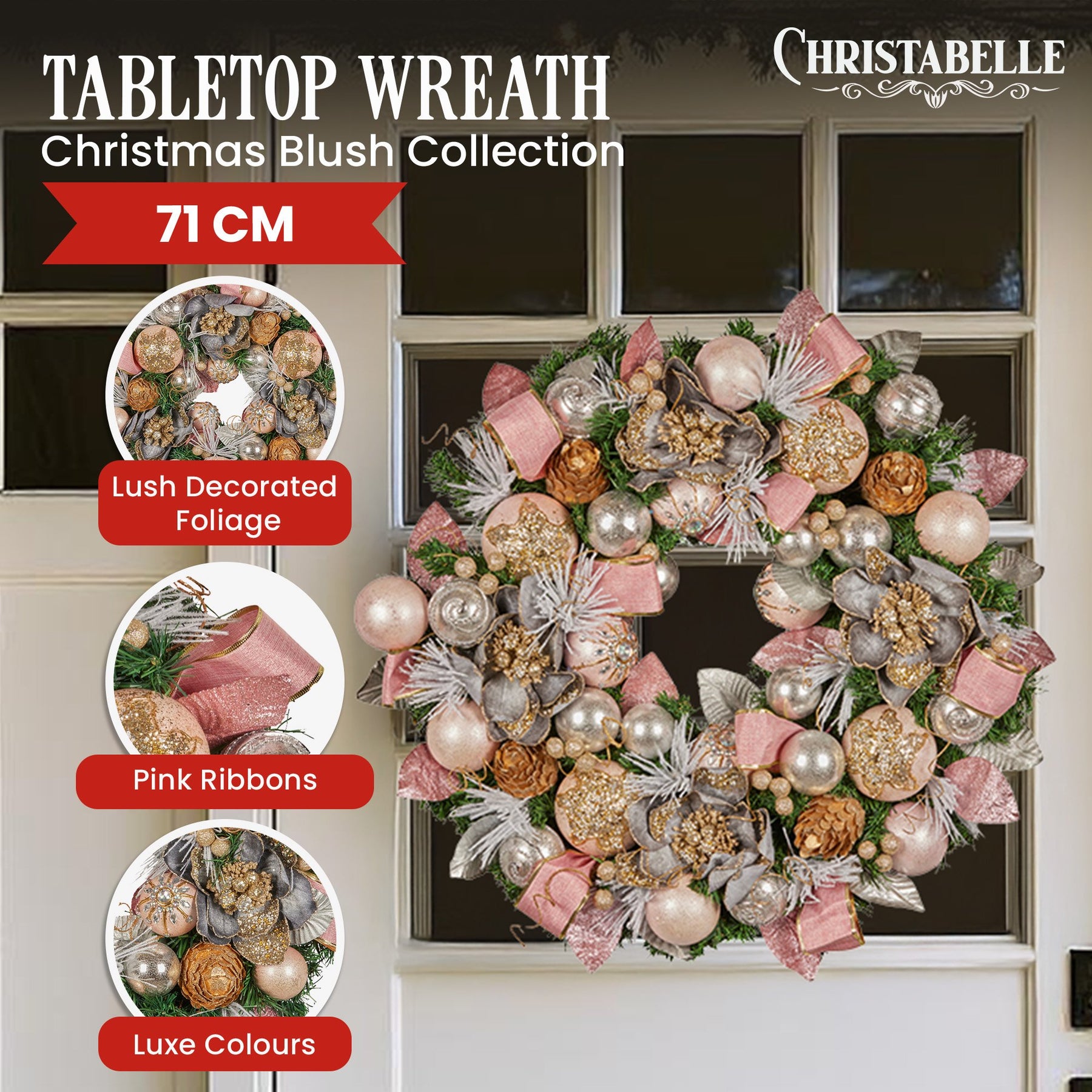 Christabelle 71cm Christmas Wreath Lush Pink Front Door Decoration Jewelled Baubles Flowers Pine Cones Ribbons Ornaments - SuperSaverAU - view 2
