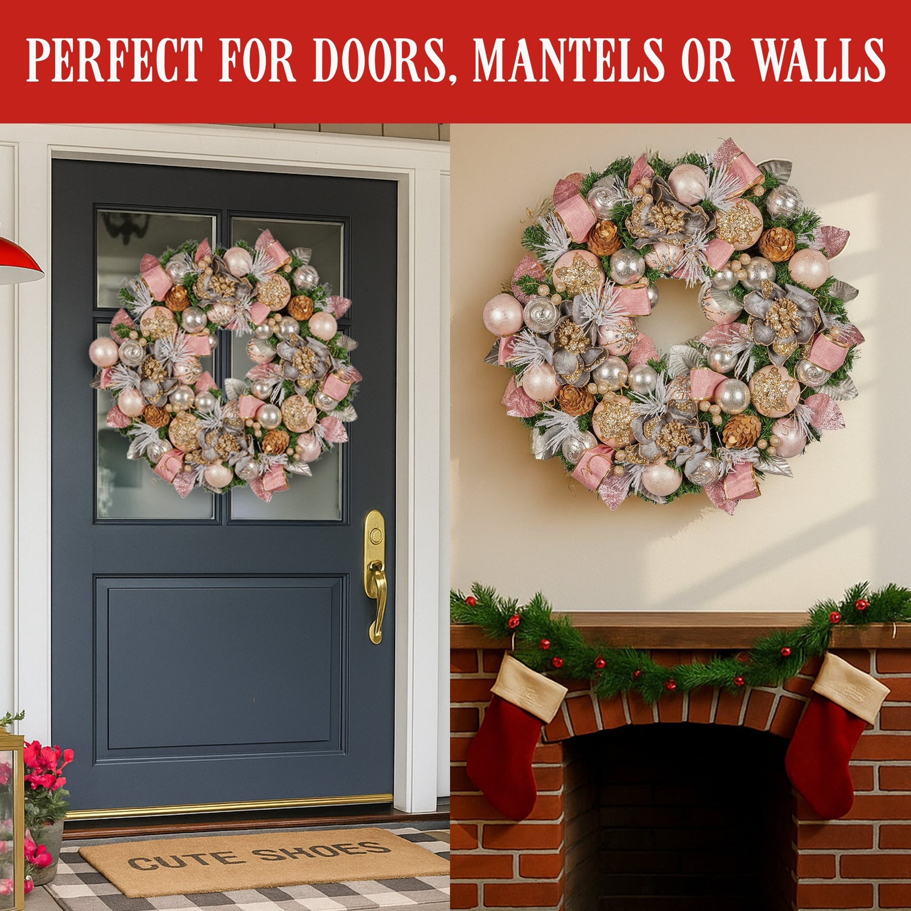 Christabelle 71cm Christmas Wreath Lush Pink Front Door Decoration Jewelled Baubles Flowers Pine Cones Ribbons Ornaments - SuperSaverAU - view 6