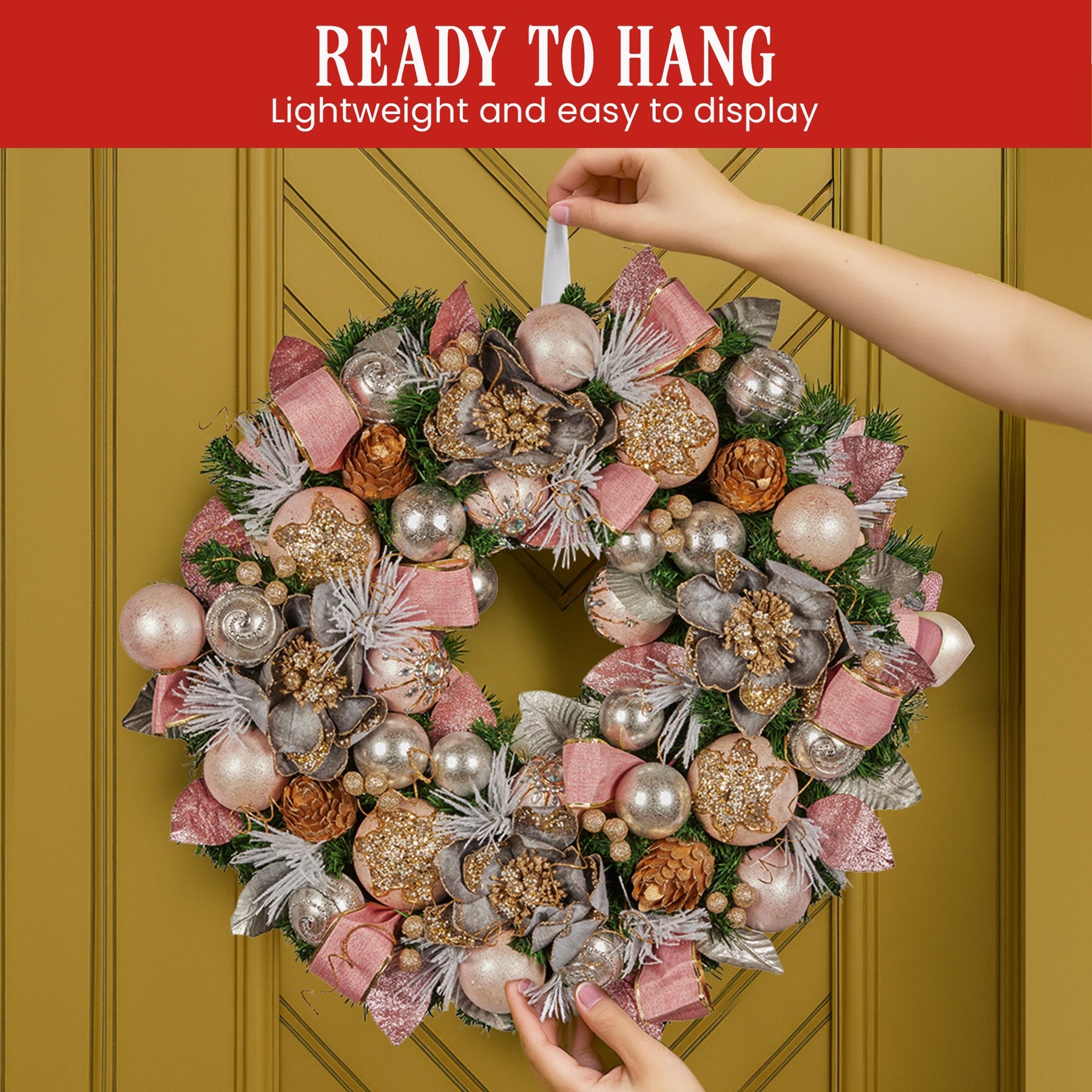Christabelle 71cm Christmas Wreath Lush Pink Front Door Decoration Jewelled Baubles Flowers Pine Cones Ribbons Ornaments - SuperSaverAU - view 7
