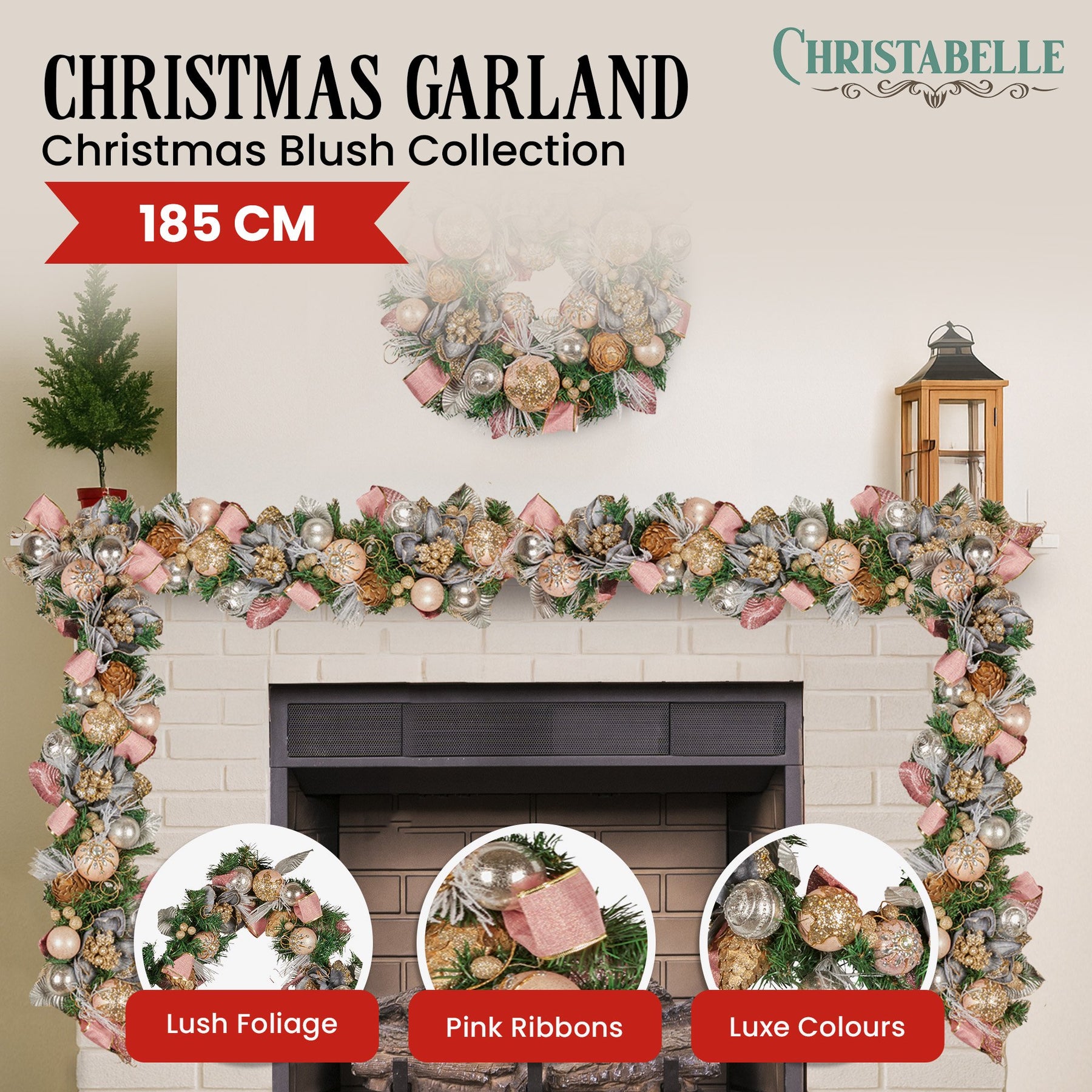 Christabelle Premium 1.8m Christmas Garland Jewelled Baubles & Berries Tree Decoration Ornament Pink Silver Gold - SuperSaverAU - view 2