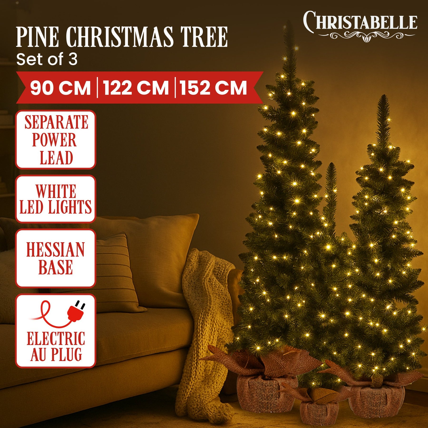 Christabelle Set of 3 Pre-Lit Christmas Trees Green Pine w/LED Lights, Hessian Base & Individual Plugs Varying Heights - SuperSaverAU - view 2