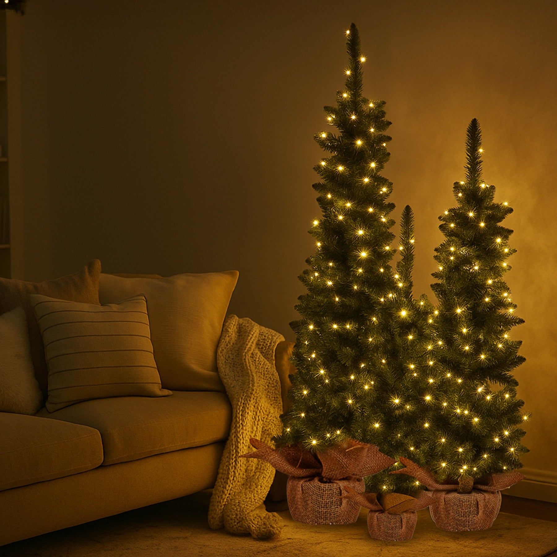 Christabelle Set of 3 Pre-Lit Christmas Trees Green Pine w/LED Lights, Hessian Base & Individual Plugs Varying Heights - SuperSaverAU - view 7