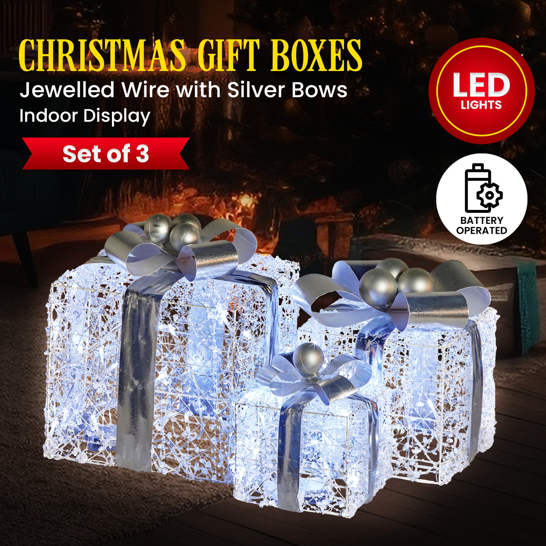 Christabelle Swishmas Set Of 3 Christmas Gift Boxes With Lights With Jewelled Wire And Silver Bows - SuperSaverAU - view 1