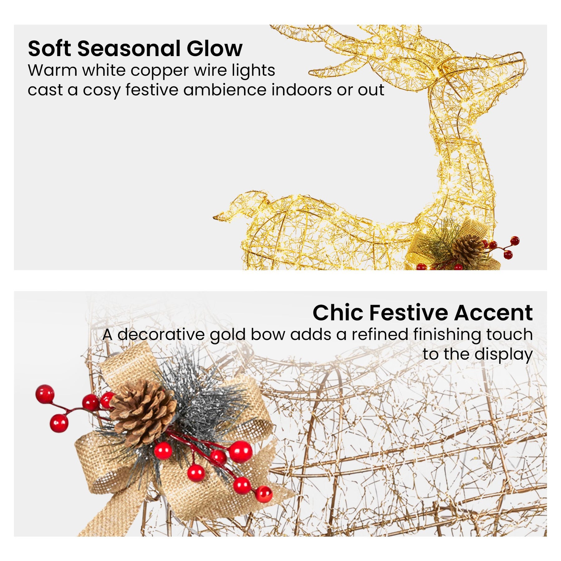 Christabelle Light Up Christmas Reindeer Display Indoor & Outdoor Decoration Warm White LED Lights Gold Bow Wire Frame - SuperSaverAU - view 4