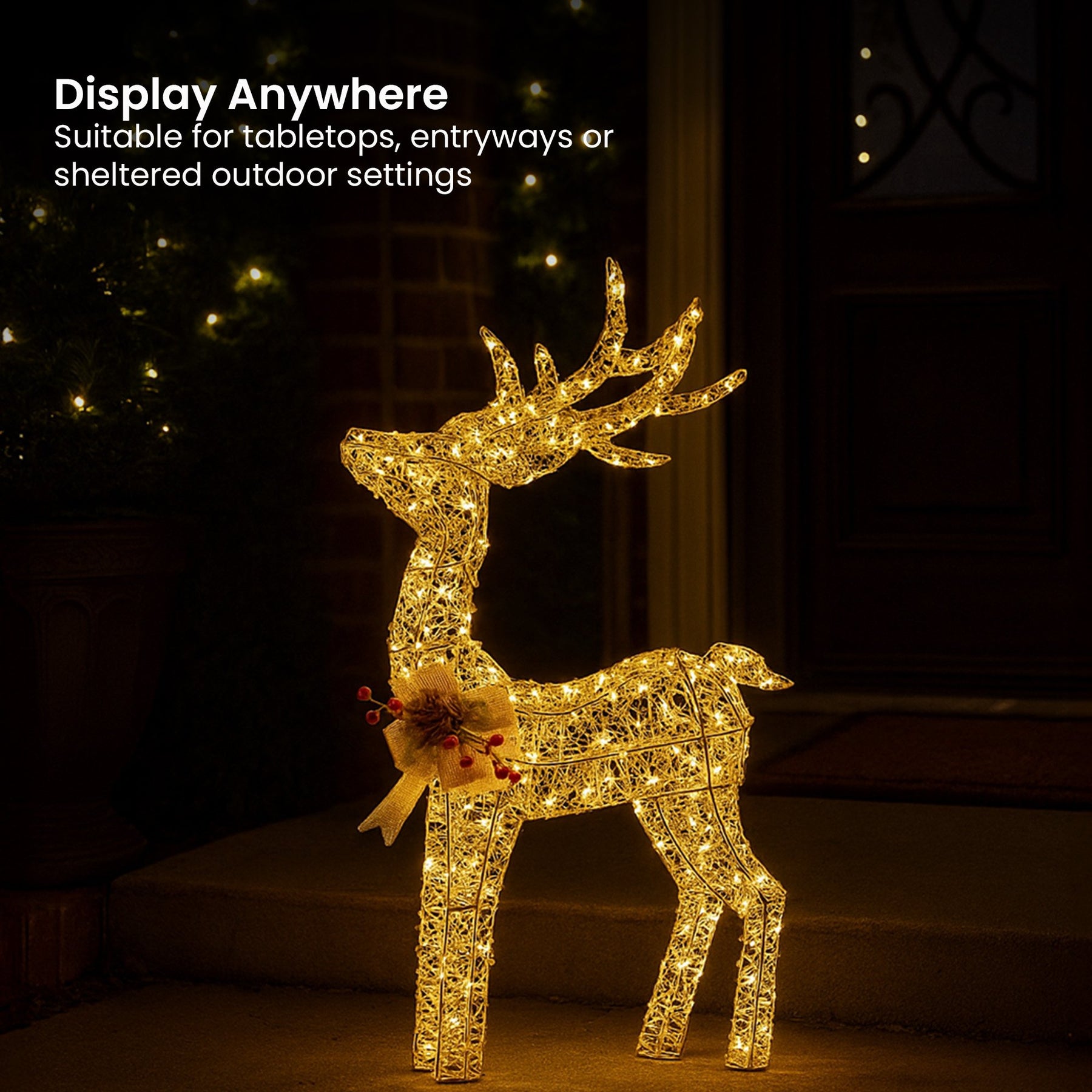 Christabelle Light Up Christmas Reindeer Display Indoor & Outdoor Decoration Warm White LED Lights Gold Bow Wire Frame - SuperSaverAU - view 5