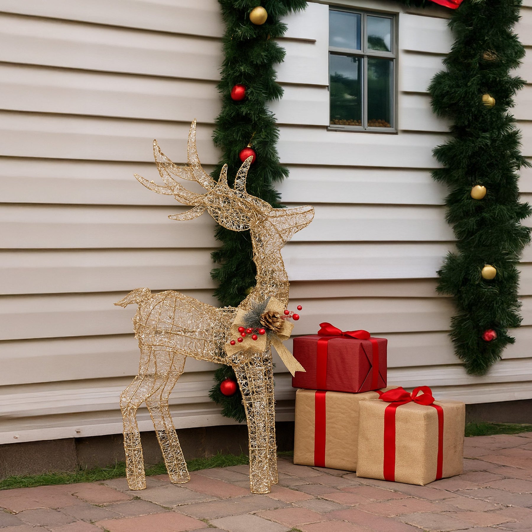 Christabelle Light Up Christmas Reindeer Display Indoor & Outdoor Decoration Warm White LED Lights Gold Bow Wire Frame - SuperSaverAU - view 7
