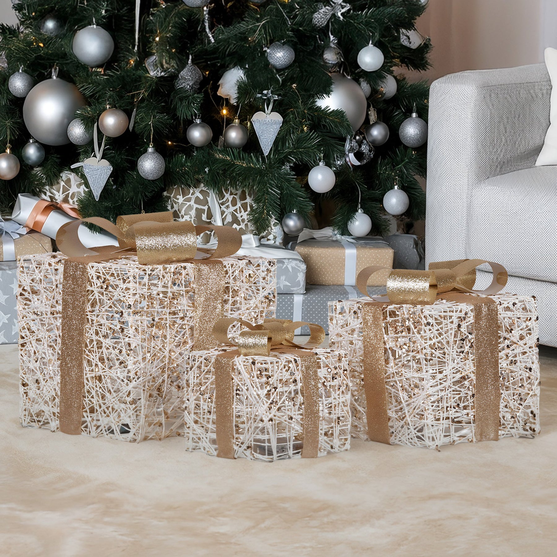 Christabelle Set of 3 Battery Operated Golden Christmas Gift Boxes w/Warm White LED Lights Indoor Decorative Holiday - SuperSaverAU - view 5