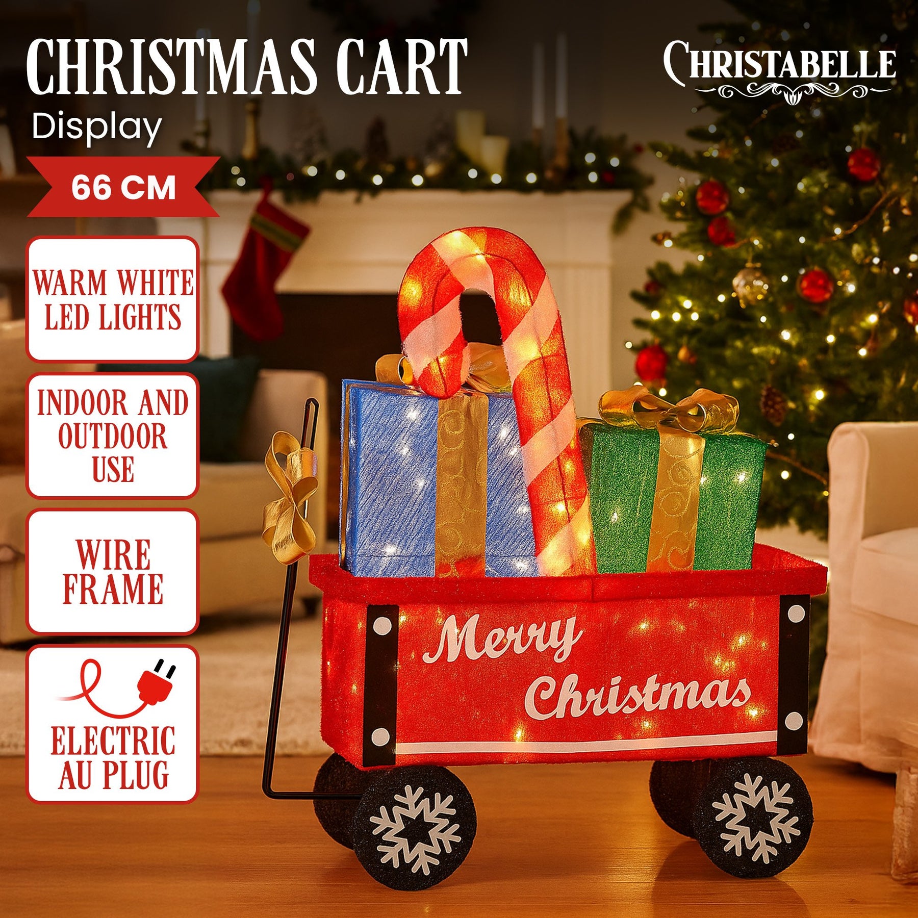 Christabelle Christmas Cart Display w/Candy Cane & Presents Warm White LED Lights Wire Frame Structure Indoor & Outdoor - SuperSaverAU - view 2