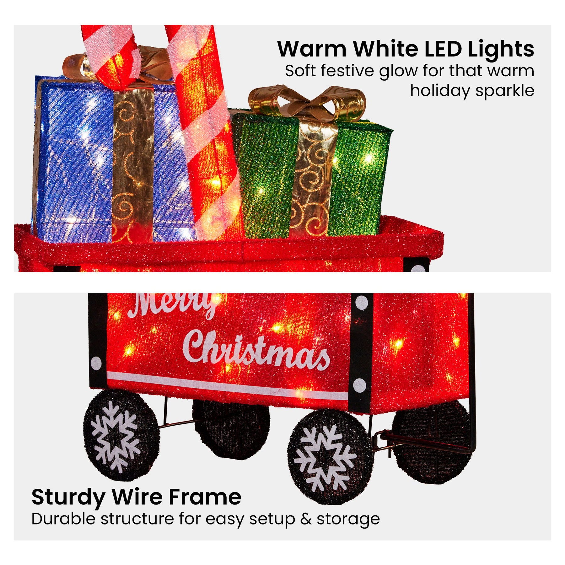 Christabelle Christmas Cart Display w/Candy Cane & Presents Warm White LED Lights Wire Frame Structure Indoor & Outdoor - SuperSaverAU - view 5