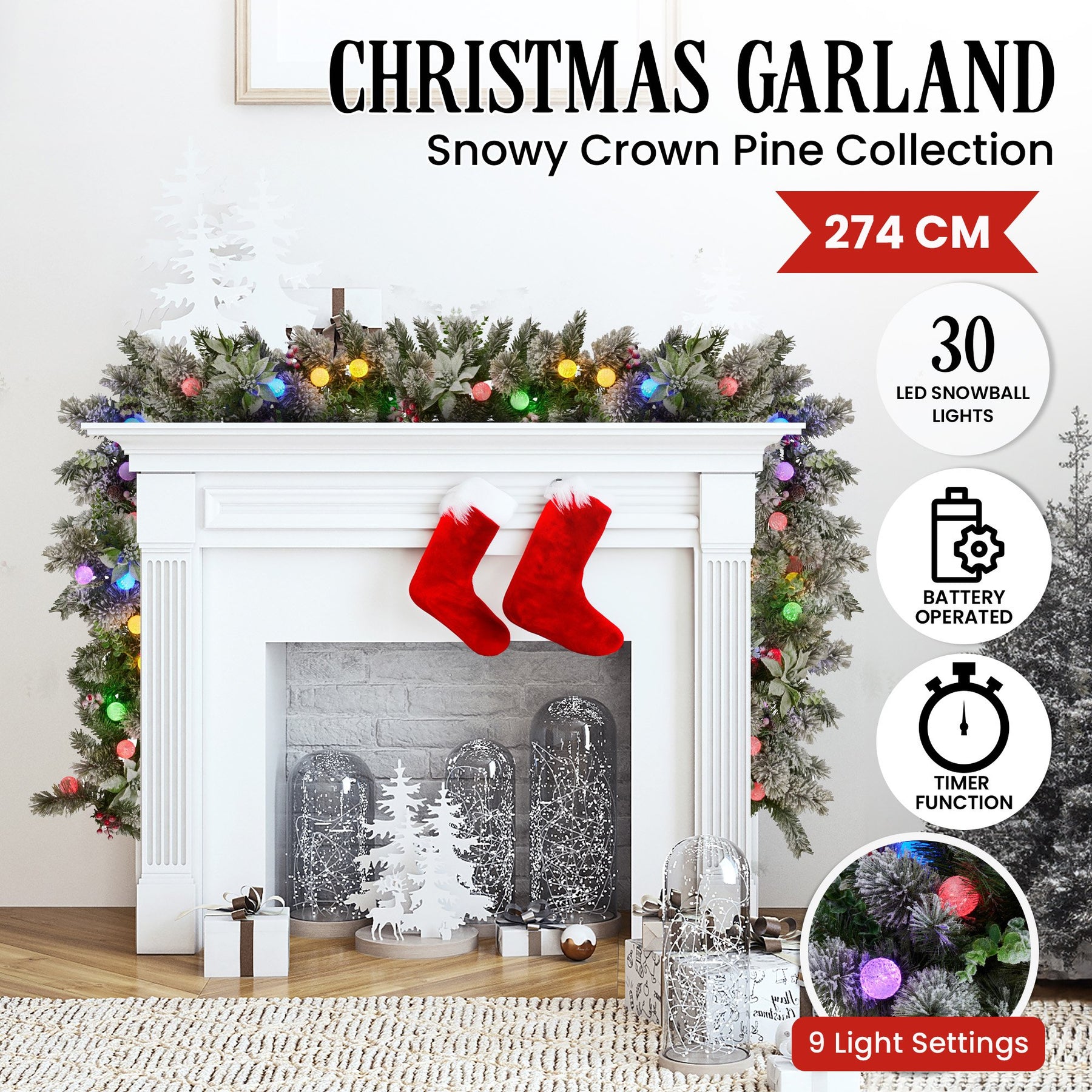 Swishmas 274cm Snowy Crown Pine Pre-Lit Multicolour Christmas Garland - SuperSaverAU - view 2