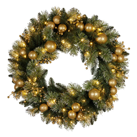 Christabelle 61cm Christmas Wreath Glittery Tipped with LED Lights and Golden Baubles Front Door Decoration Ornament - SuperSaverAU - view 1
