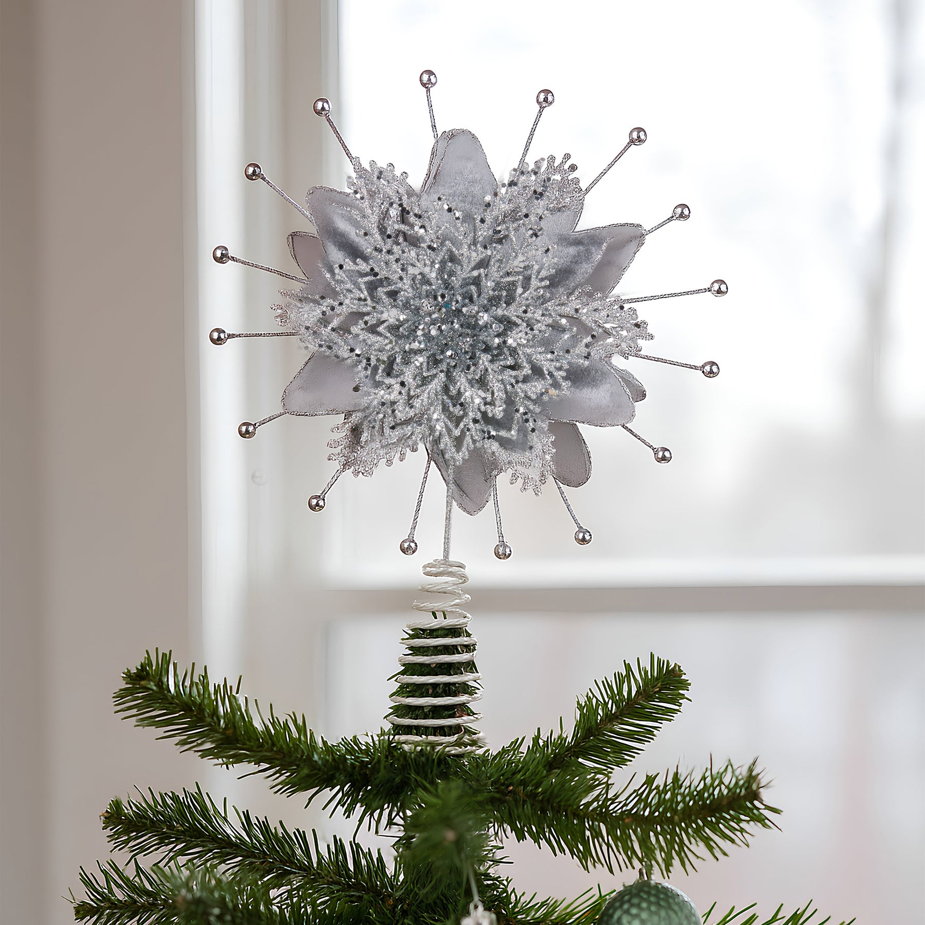 Christabelle Christmas Tree Topper Poinsettia Decoration Ornament Silver Petals - SuperSaverAU - view 2