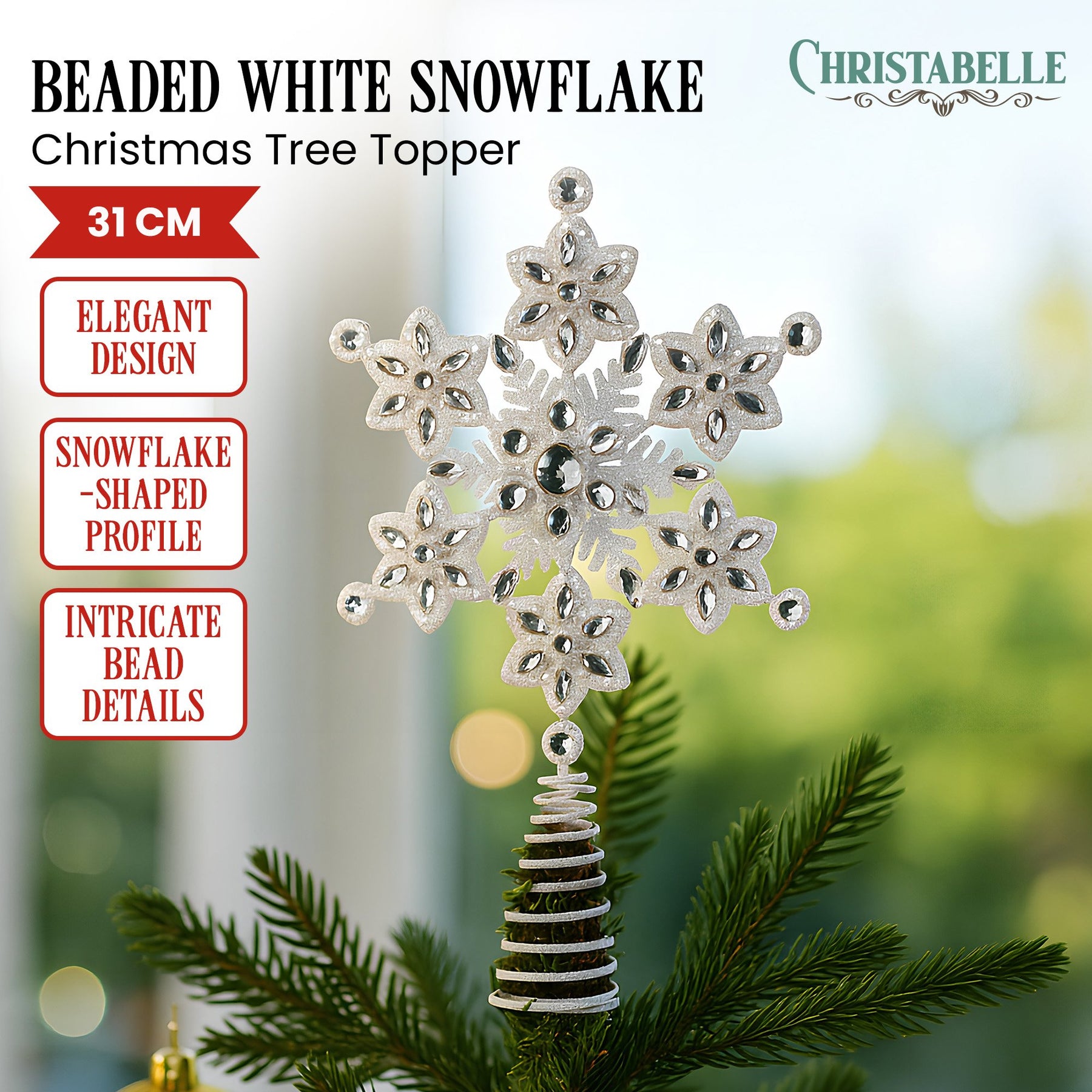Christabelle Snowflake Christmas Tree Topper Beaded Decoration Ornament Xmas - SuperSaverAU - view 1