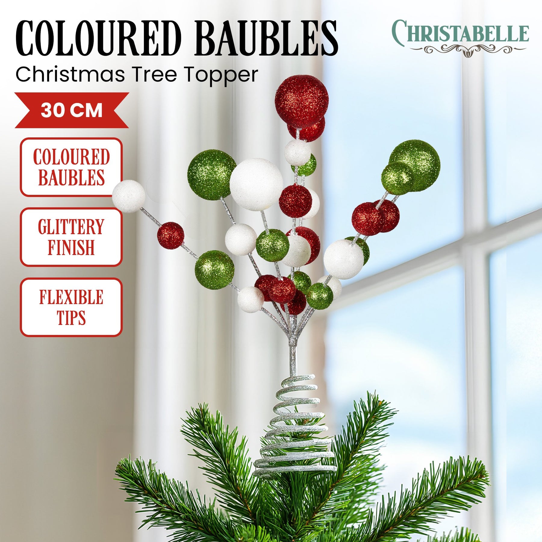 Christabelle Baubles Christmas Tree Topper Festive Glitter Finish Xmas Ornament - SuperSaverAU - view 2