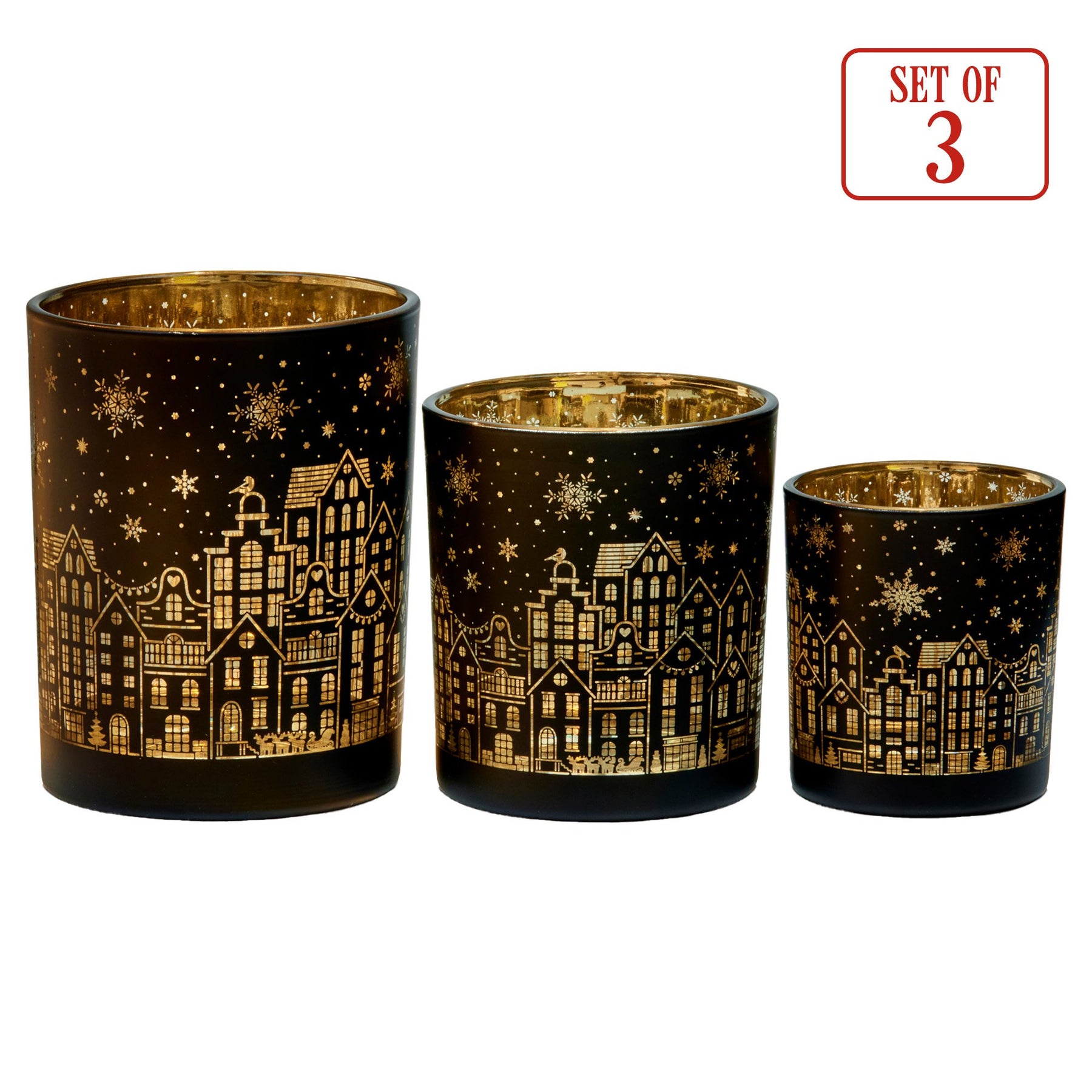 Christabelle Christmas Candle Jar Set Of 3 Black And Gold Holiday Candle Holders - SuperSaverAU - view 3